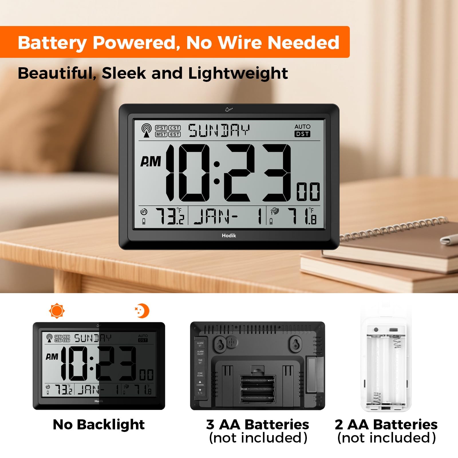 HODIK Wall Clock Atomic with Indoor Outdoor Temperature 9*5.9*1.1 in, Black