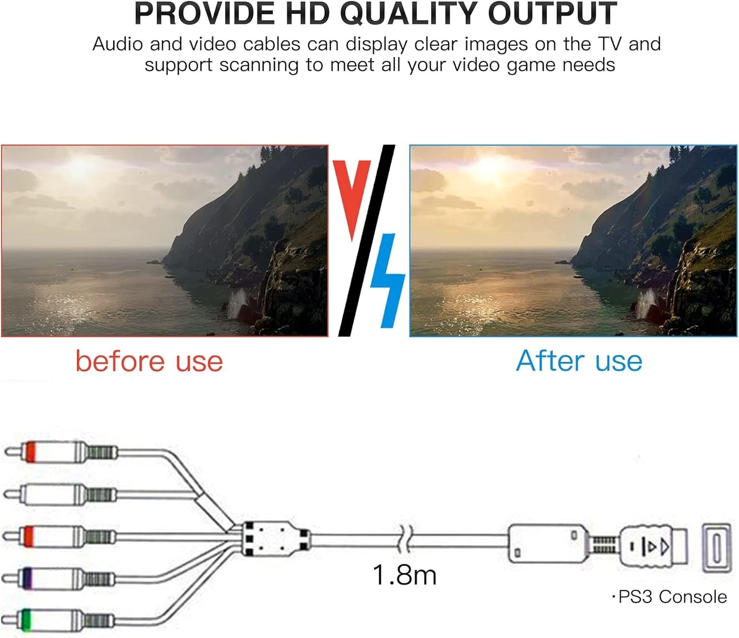 6FT HD Component RCA AV Video-Audio Cable Cord for SONY Playstation 2 3 PS2 PS3