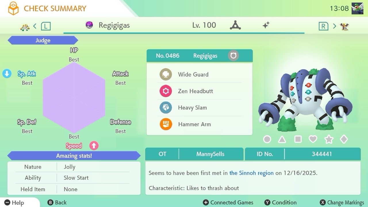 BDSP Caught Legendaries Shiny/Non Shiny, 6IV, Level 100, EVs 6HP 252ATK 252SPE