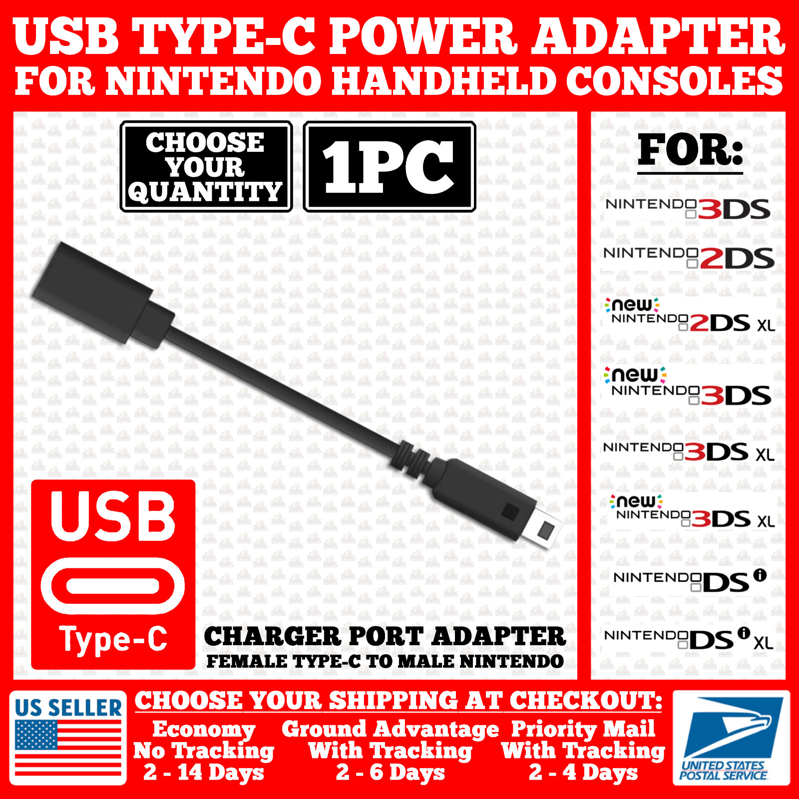 USB Type-C Adapter Converter Charging Cable for Nintendo New/3DS/2DS/DSi/XL/LL