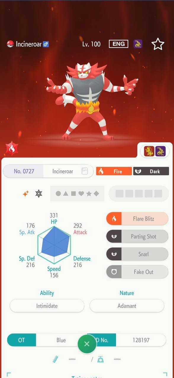 INCINEROAR 🔥6IV SHINY POKEMON HOME🔥Pokemon CHAMPIONS