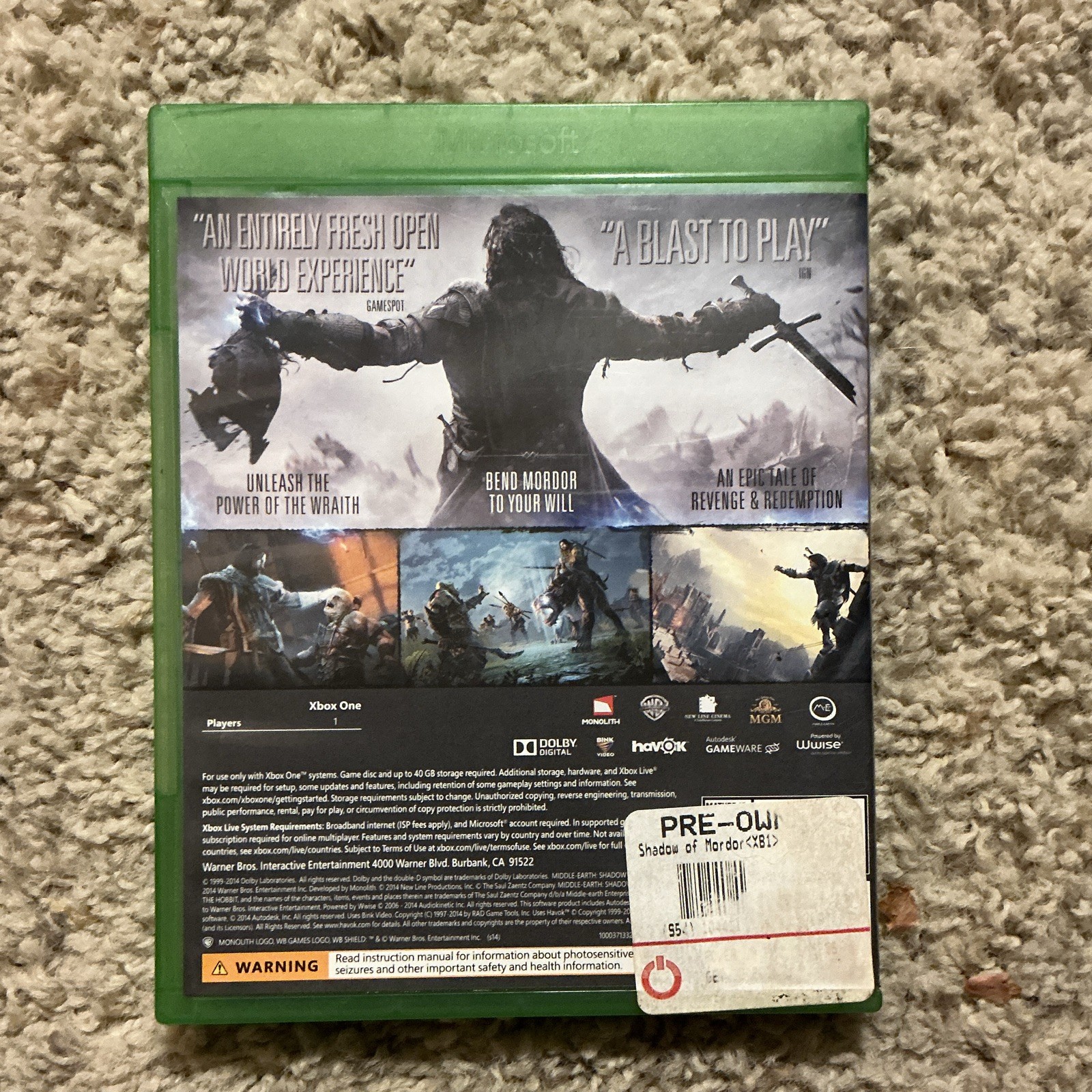 Warner Bros. Middle-earth Shadow of Mordor Xbox One M NTSC-U/C 2014 w/ Case