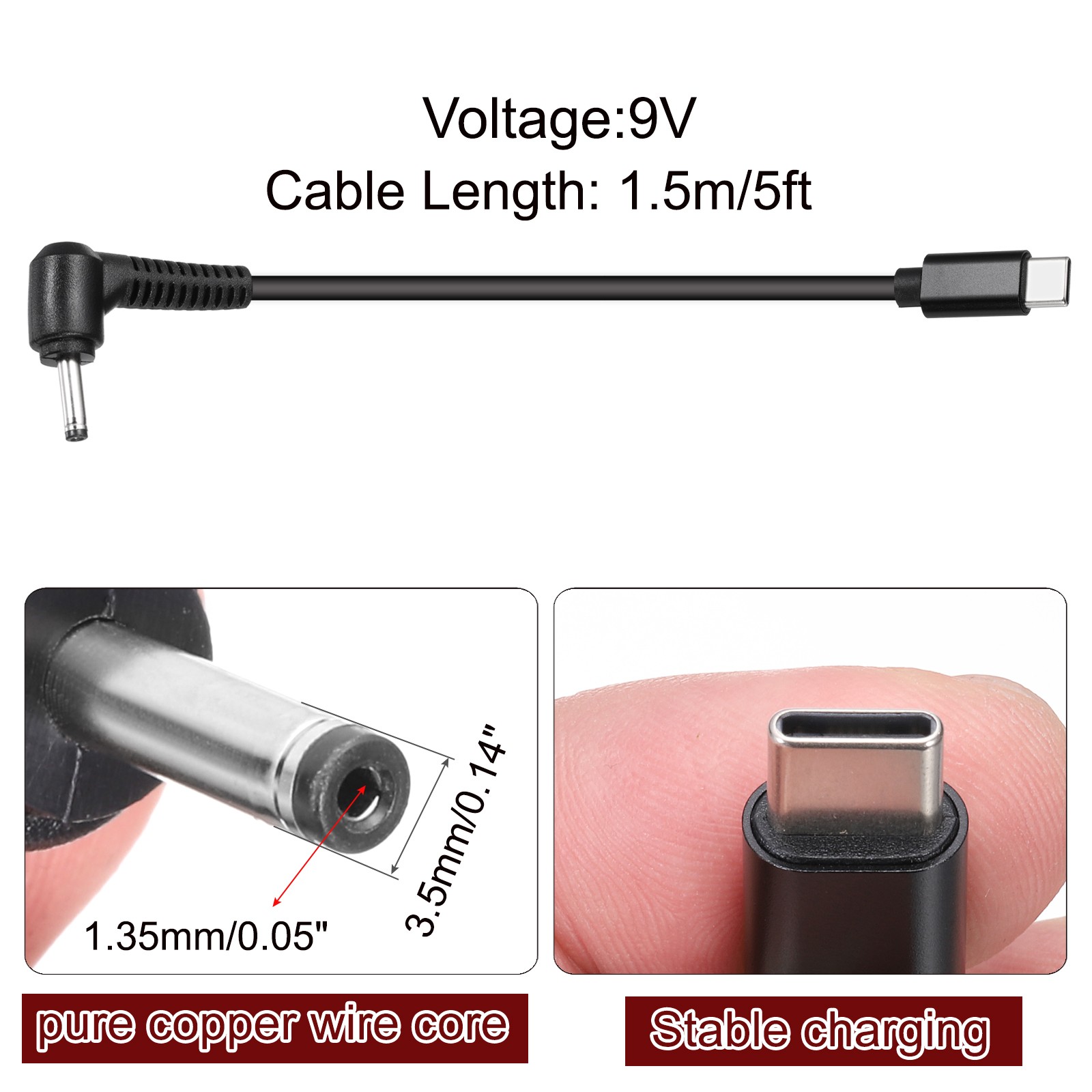 5FT USB C to DC PD Power Fast Charging Cable, 3.5mmx1.35mm 27W/9V(Black)