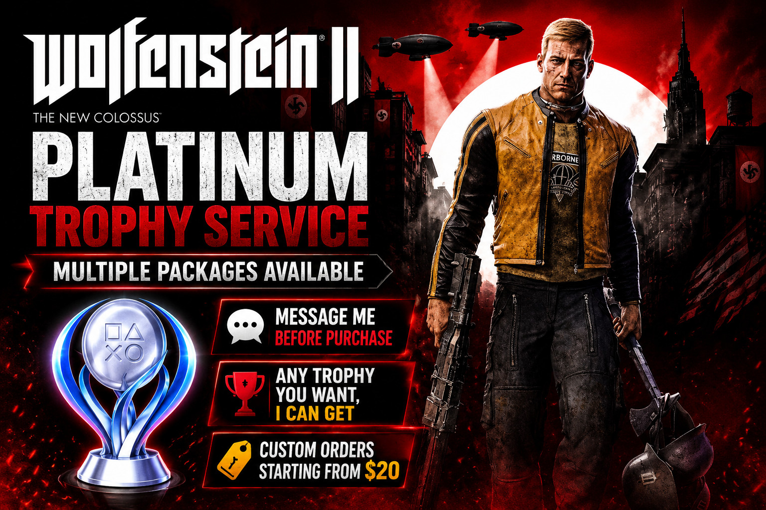 Wolfenstein 2 PS4 PS5 Platinum + DLC Trophy Service | 100% | Custom Orders