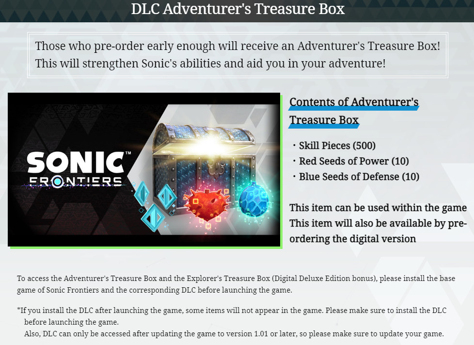 Sonic Frontiers Preorder Bonus Content PS4 / PS5