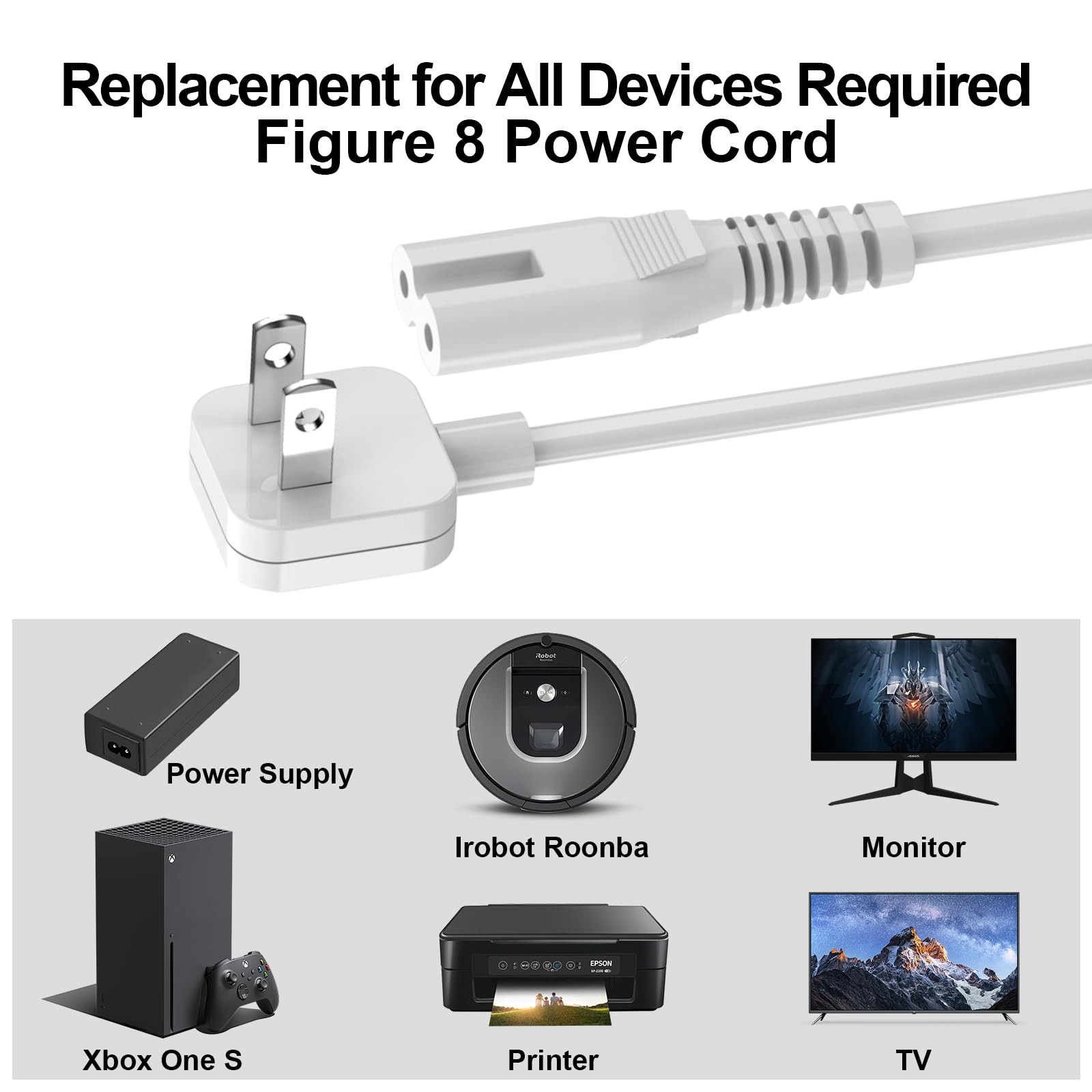 5ft Flat Extension Power Cord Replacement A-flat power cord, White