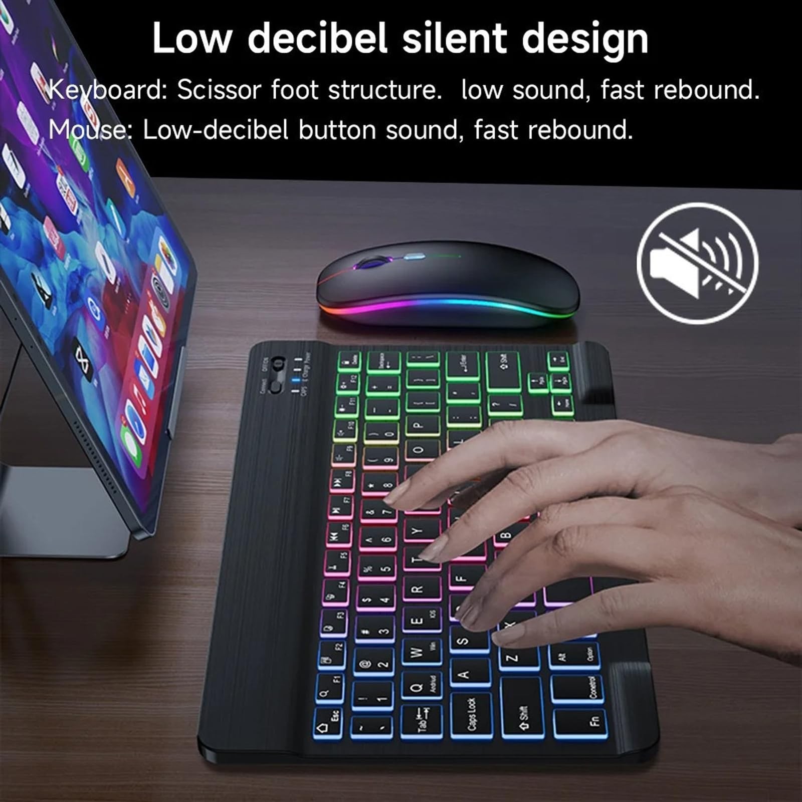 Bluetooth Keyboard and Mouse Combo for iPad with 7-Color Black