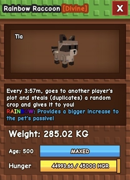 285kg HUGE RAINBOW 🌈 RACCOON LVL 500! Grow 🪴 A Garden 🏡