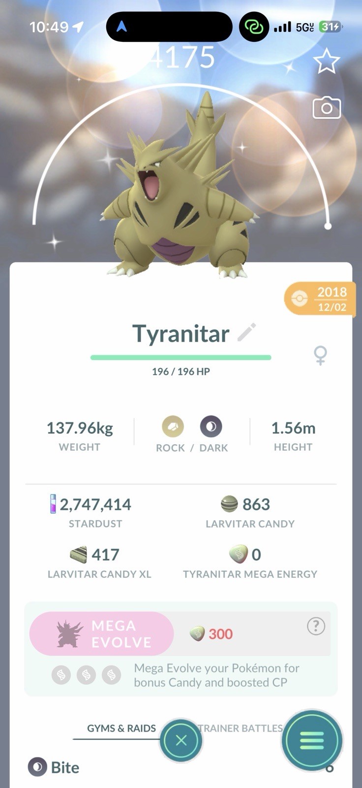 Shiny Tyranitar LVL 50 & Extra Move 2018 Lucky guaranteed Reg Or 1 Million