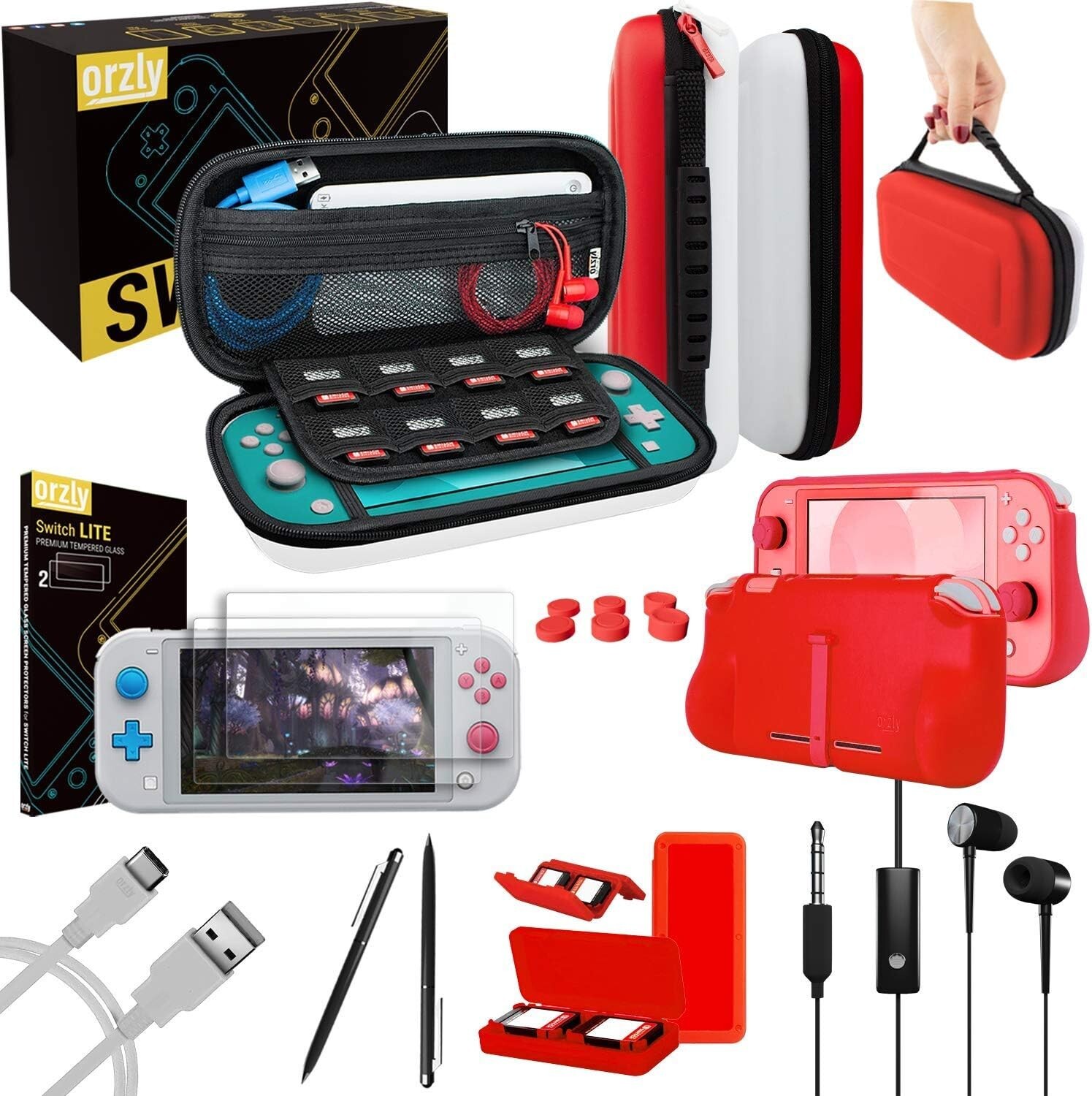 Nintendo Switch Lite Ultimate Essential Gaming Bundle Pack Red/White by Orzly