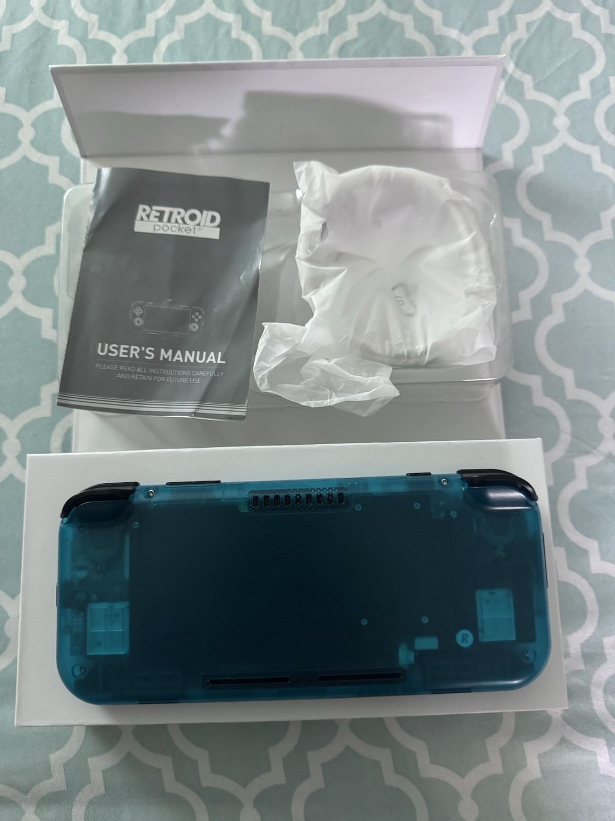 Retroid Pocket 3+ Handheld Gaming Console Complete Transparent Teal-Blue CIB