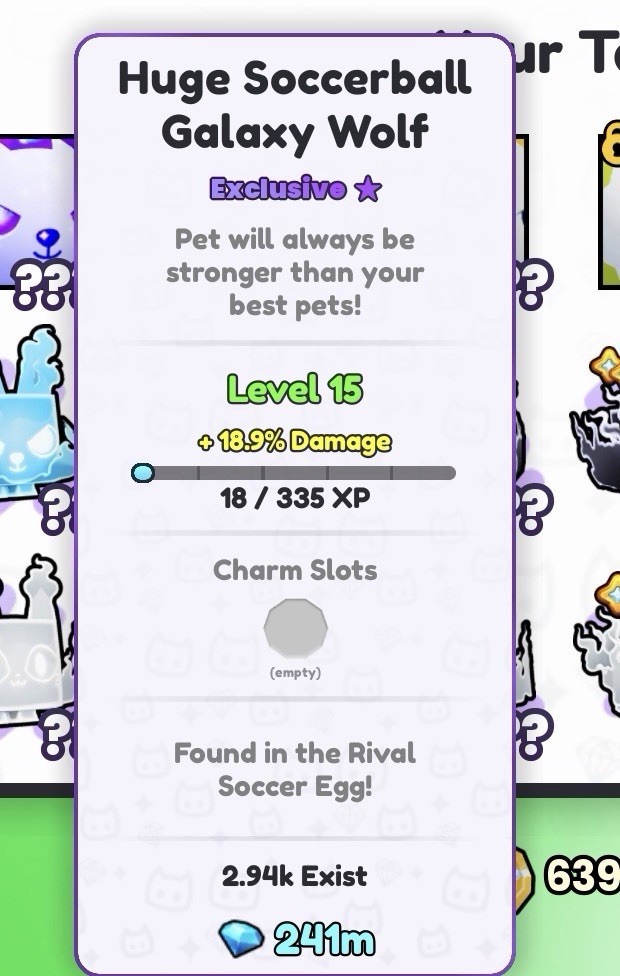 Pet Simulator 99 Soccerball Galaxy Wolf Exclusive Huge L15 +18.9% DMG (241m)