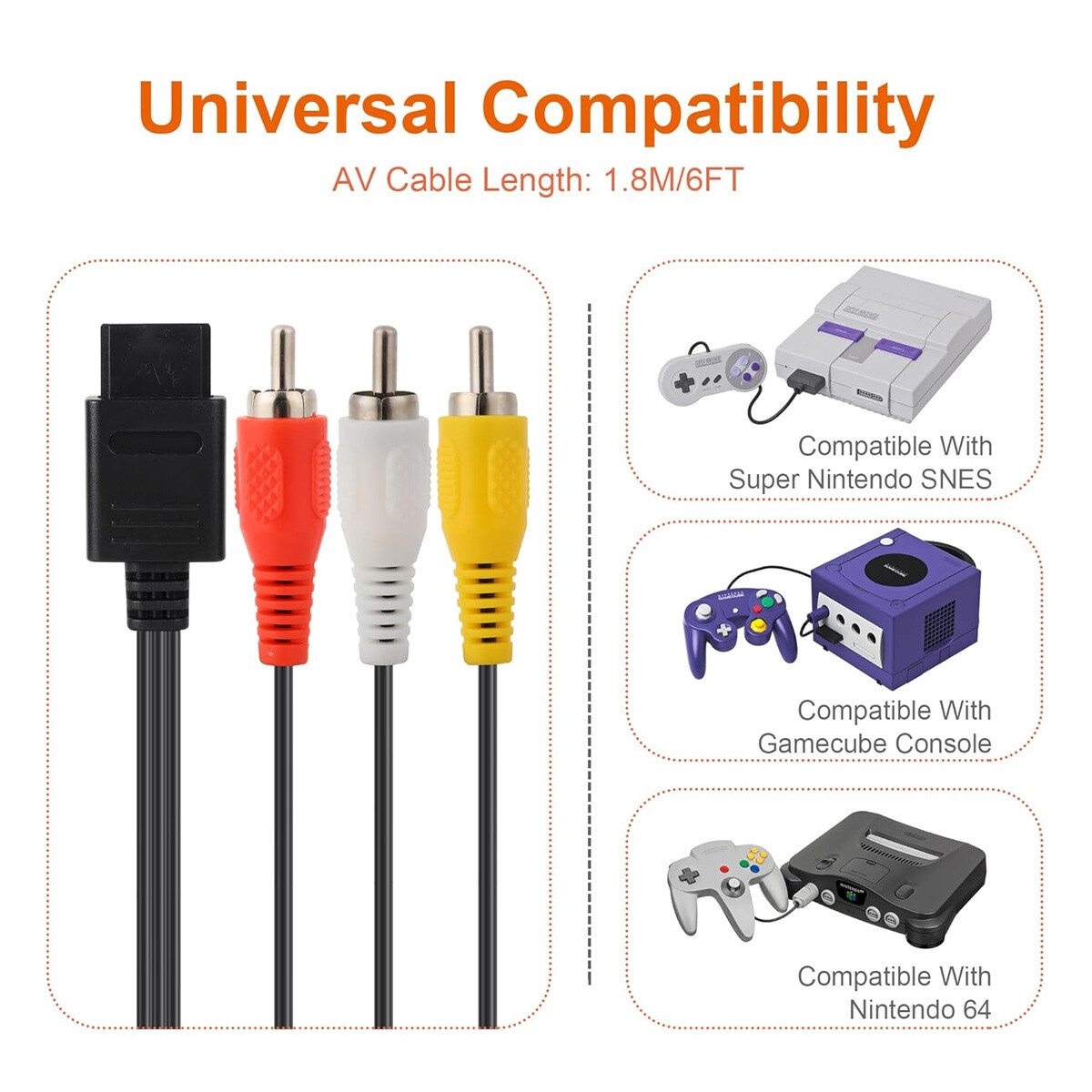 6 FT RCA AV TV Audio Video Stereo Cable Cord for Nintendo N64 SNES Gamecube Lot