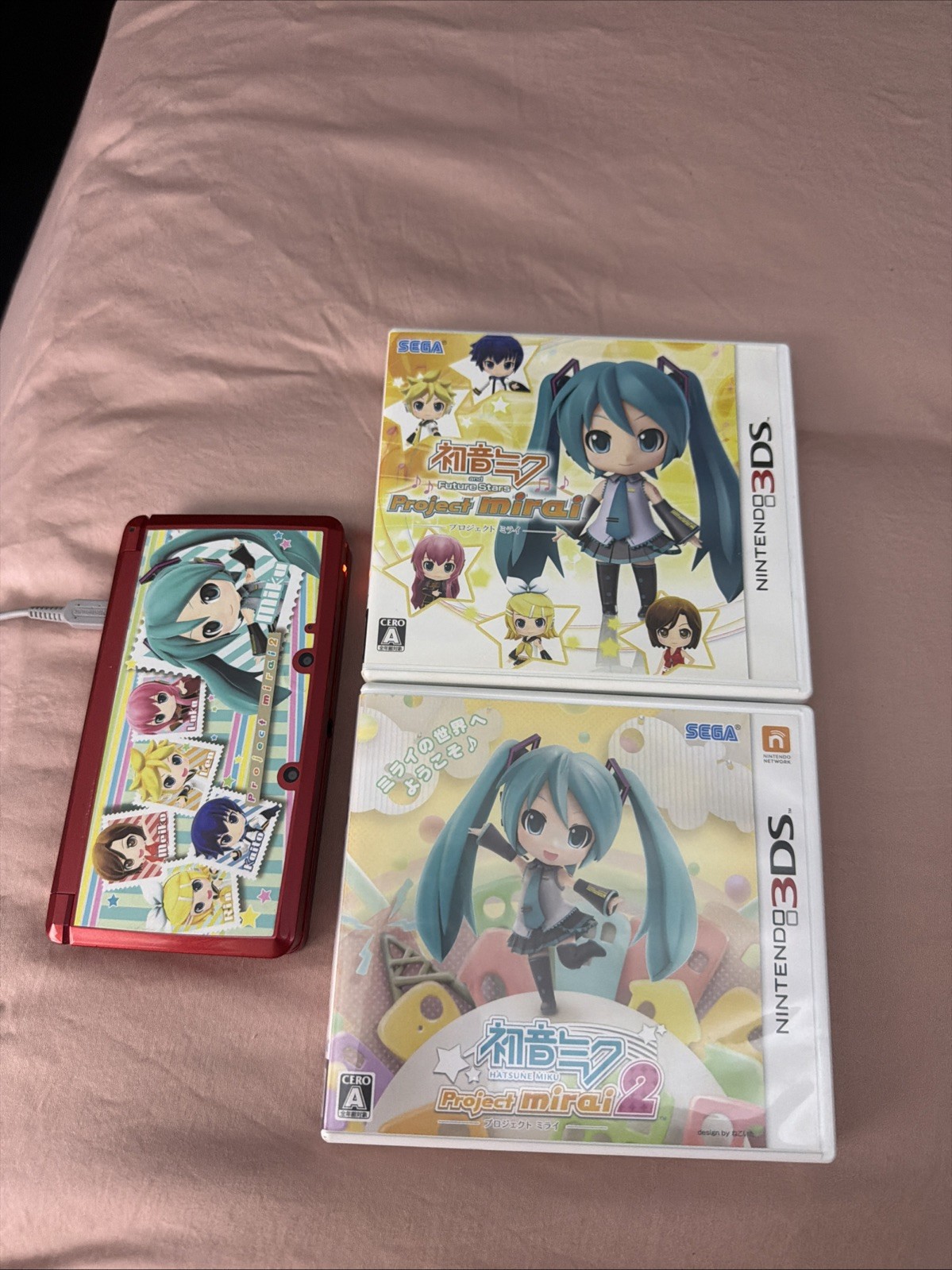 Red Japanese 3DS Game Bundle Project Mirai 1 & 2 with Charger