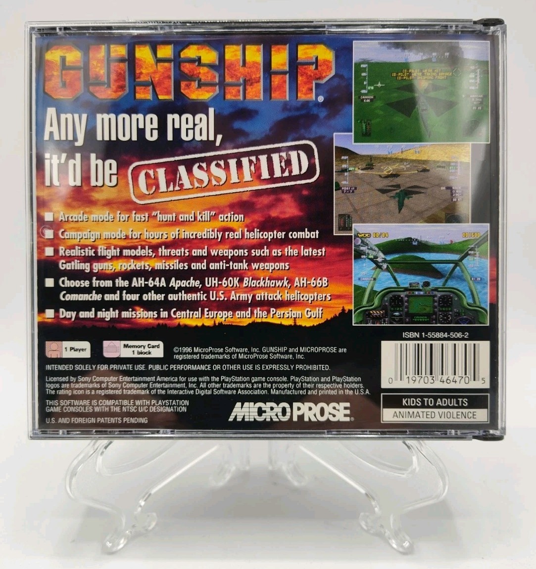 Gunship (PS1, 1996) *CIB w/ Reg Card + Case Protector* NM* Black Label* Tested!