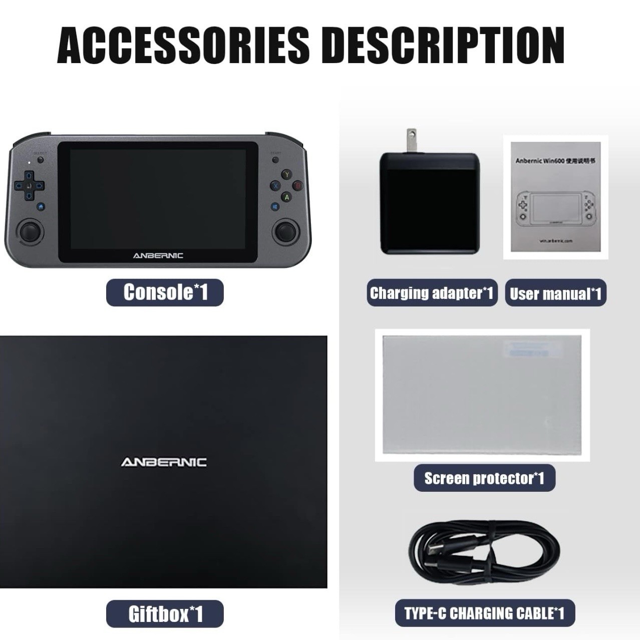 Anbernic Win600 Handheld Gaming Console Gray Steam OS USB-C Fast Charging