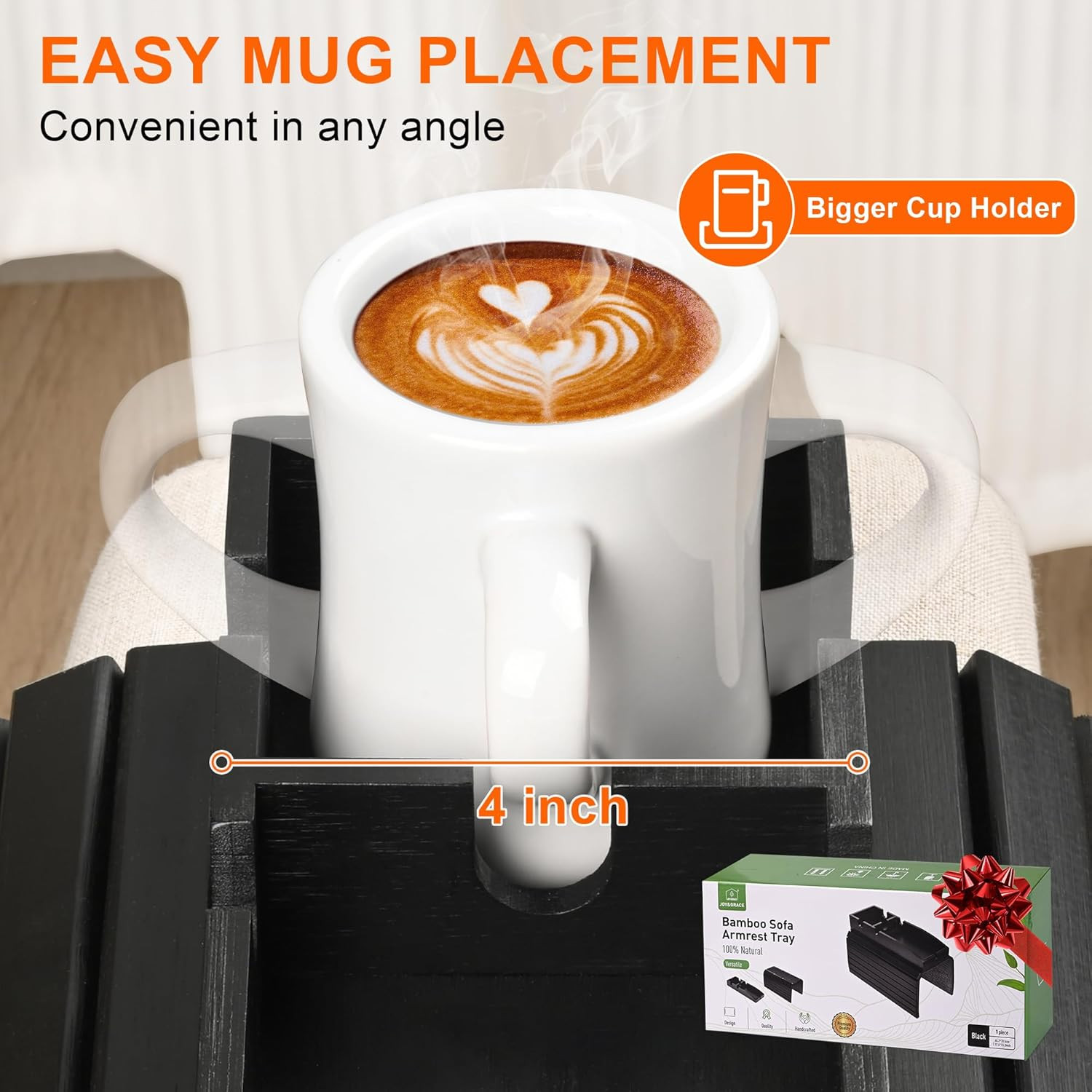 Couch Cup Holder, 3-In-1 Magnetic Detachable Couch Arm Tray, Bamboo Sofa Armrest