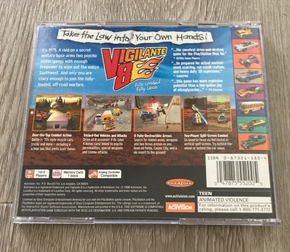 Vigilante 8 Sony PlayStation 1, Black Label Game, Complete in Box (1998)