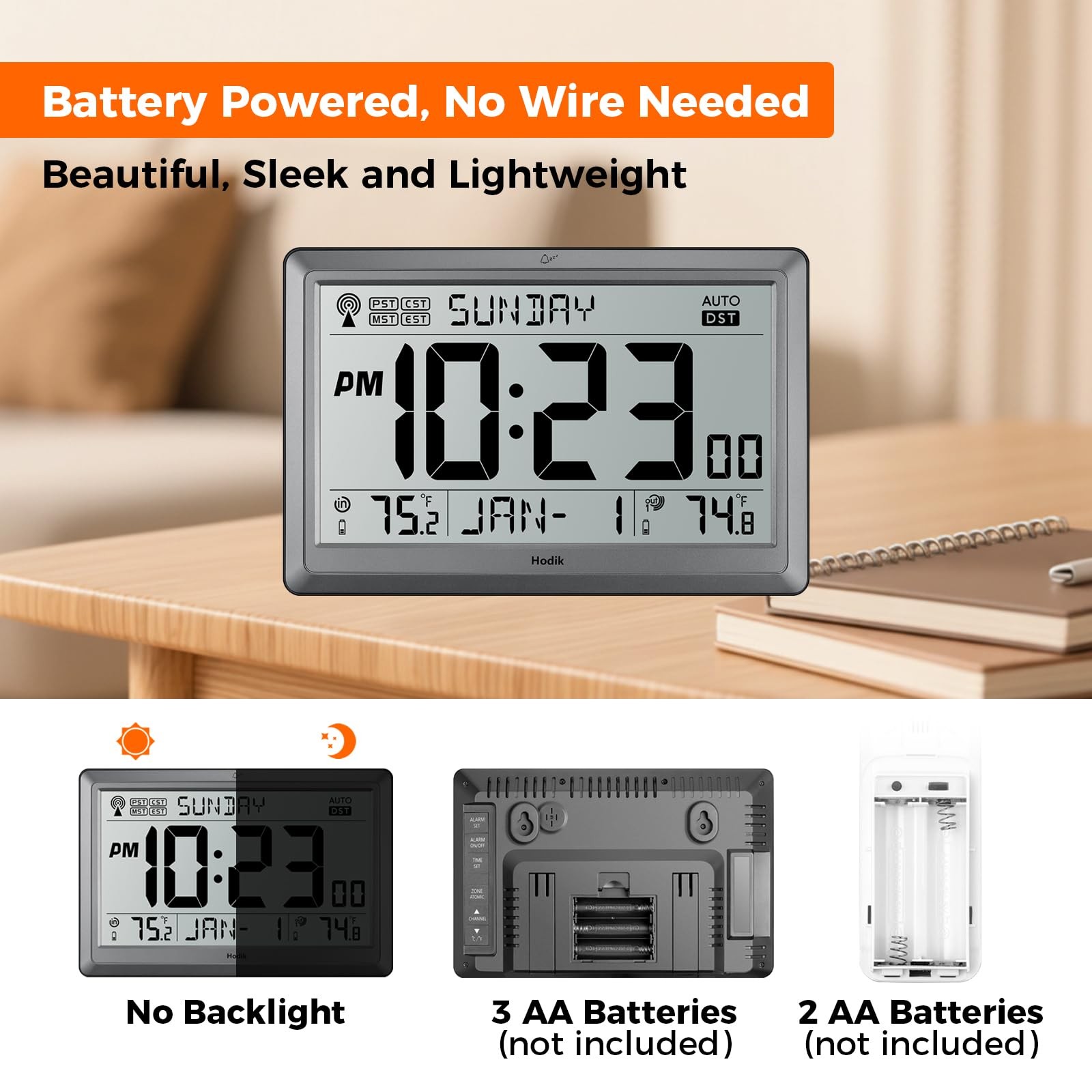 HODIK Wall Clock Atomic with Indoor Outdoor Temperature 9*5.9*1.1 in, Silver