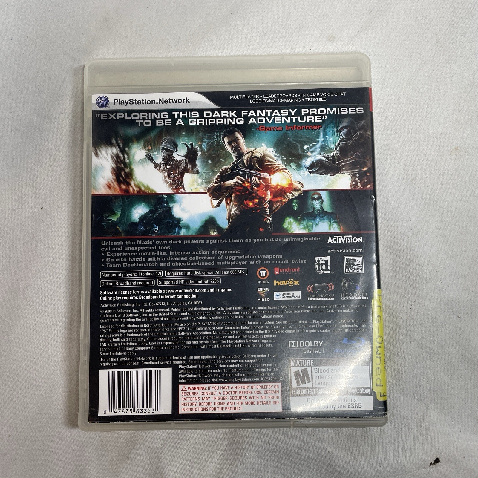 Wolfenstein – PlayStation 3, PS3 (Very Good, CIB w/ Manual) Tested Works
