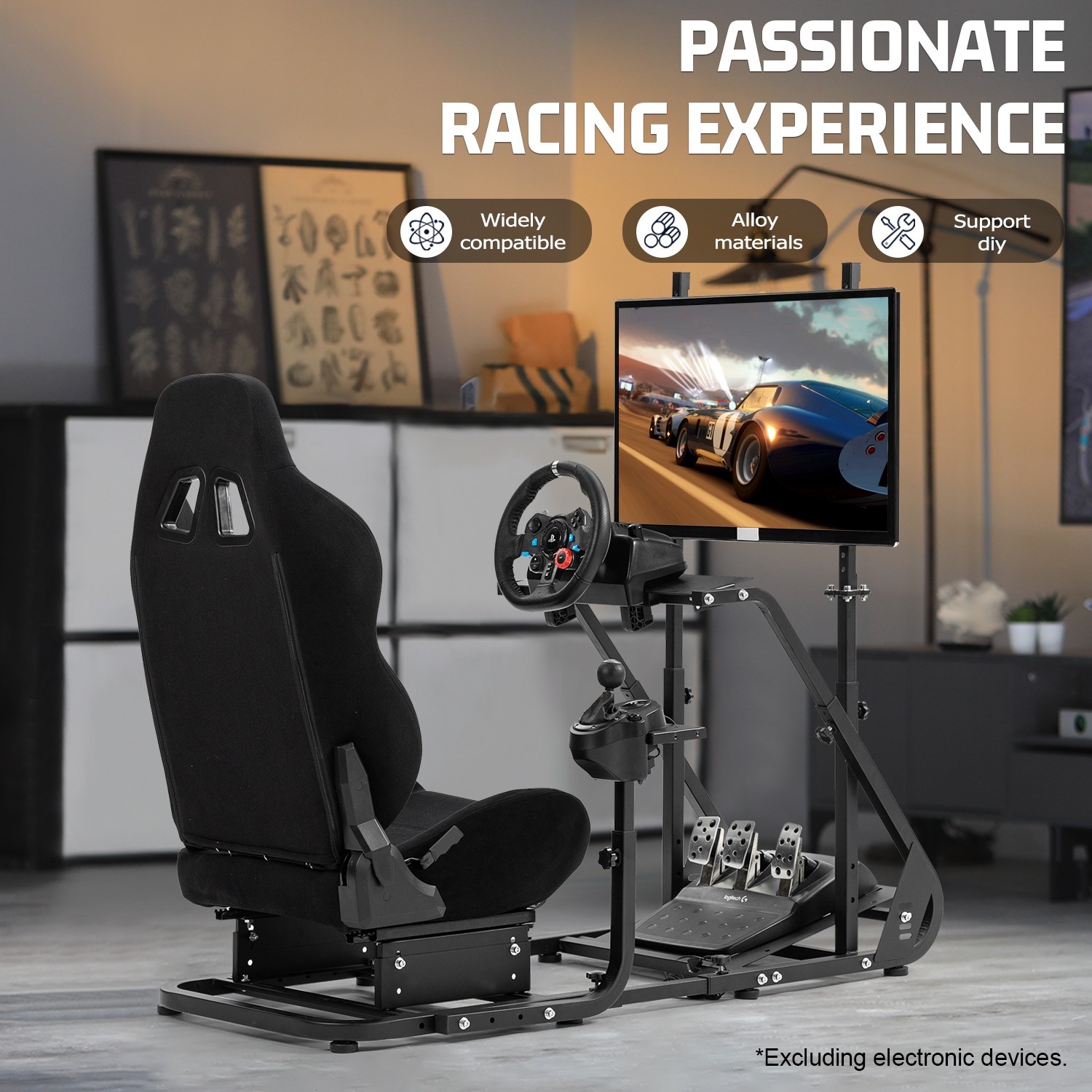 Marada Racing Simulator Cockpit With Monitor Stand & Black Seat Fit For Logitech