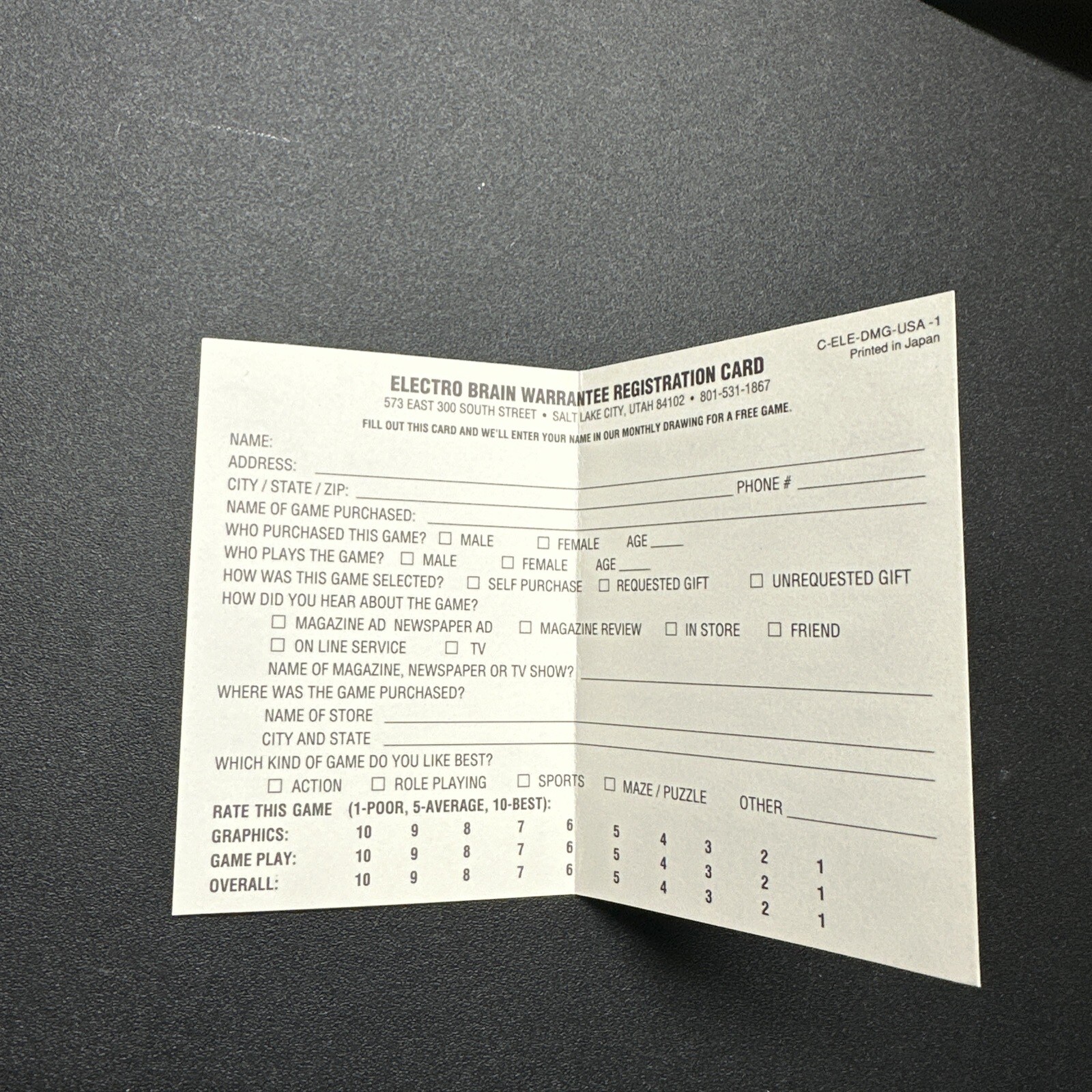 Electro Brain Registration Card Only C-ELE-DMG-USA-1 Felix The Cat Rare