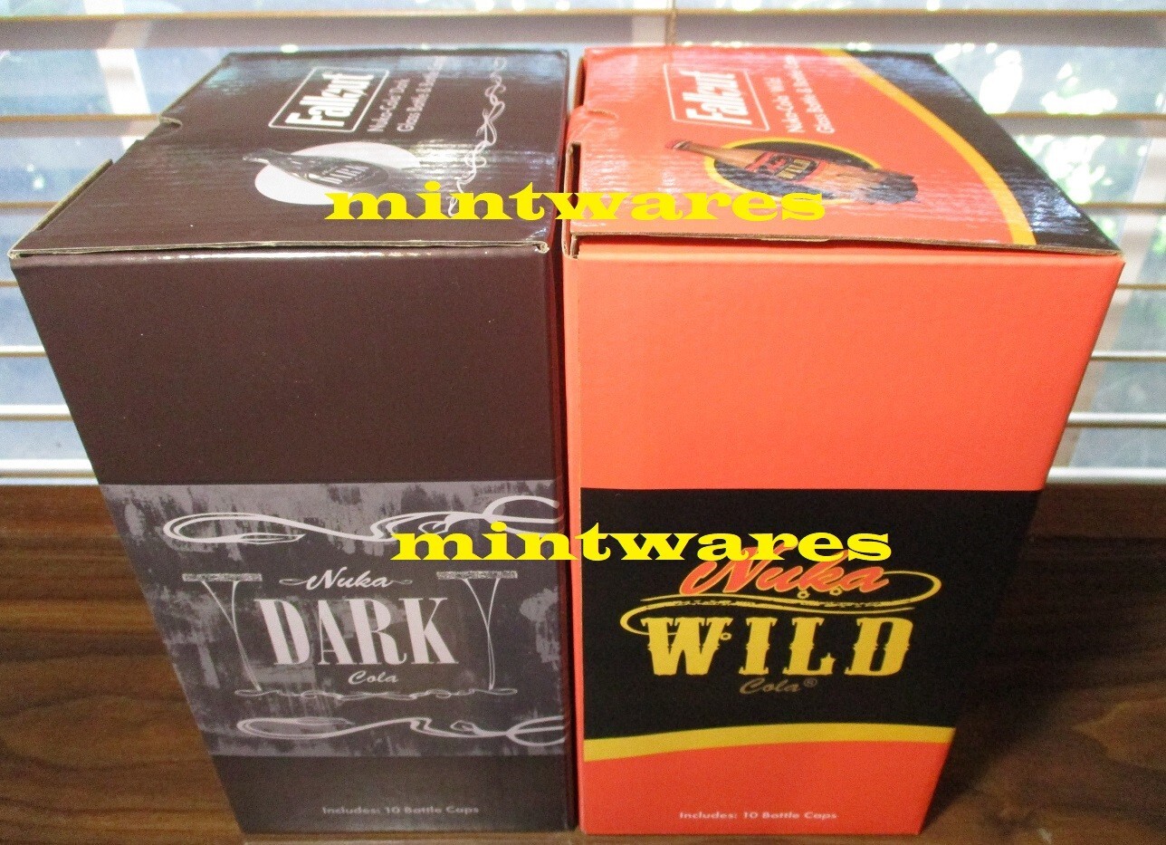 Fallout Nuka Cola Dark + Wild Glass Rocket Bottle & 20 Caps Bundle Set NEW