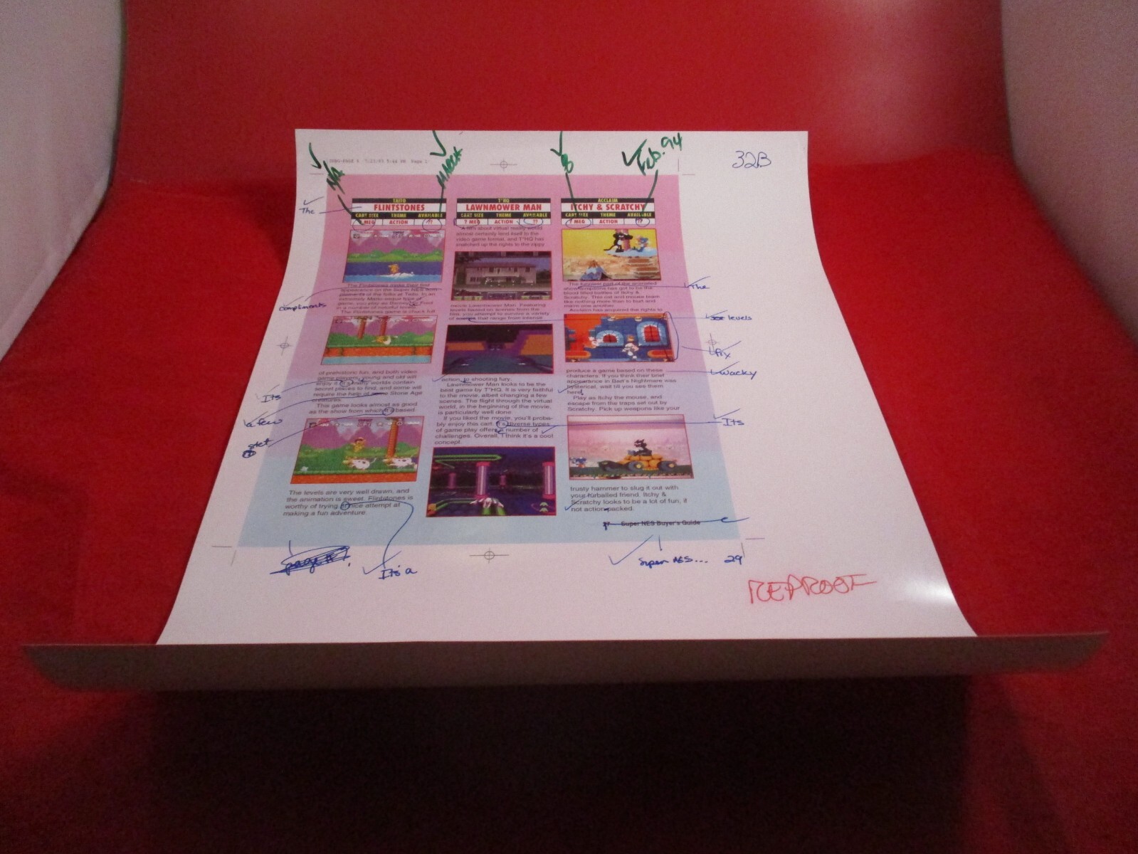 Super NES Buyer’s Guide Magazine Prototype Sheet Flintstones Itchy Scratchy Lawn