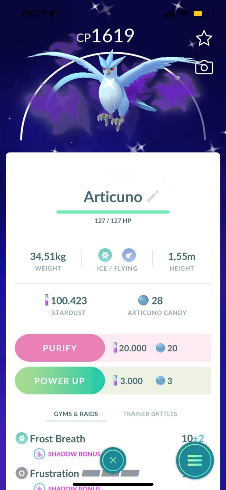 Shiny Shadow Articuno 100k Stardust 20 candies – P T C – Read Description