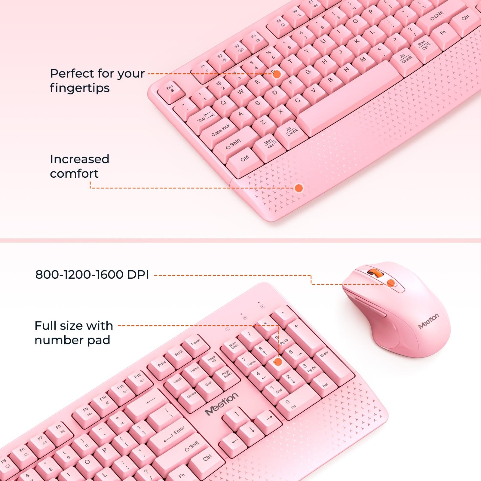 MEETION Wireless Keyboard and Mouse, Full-Sized Cordless with Pink