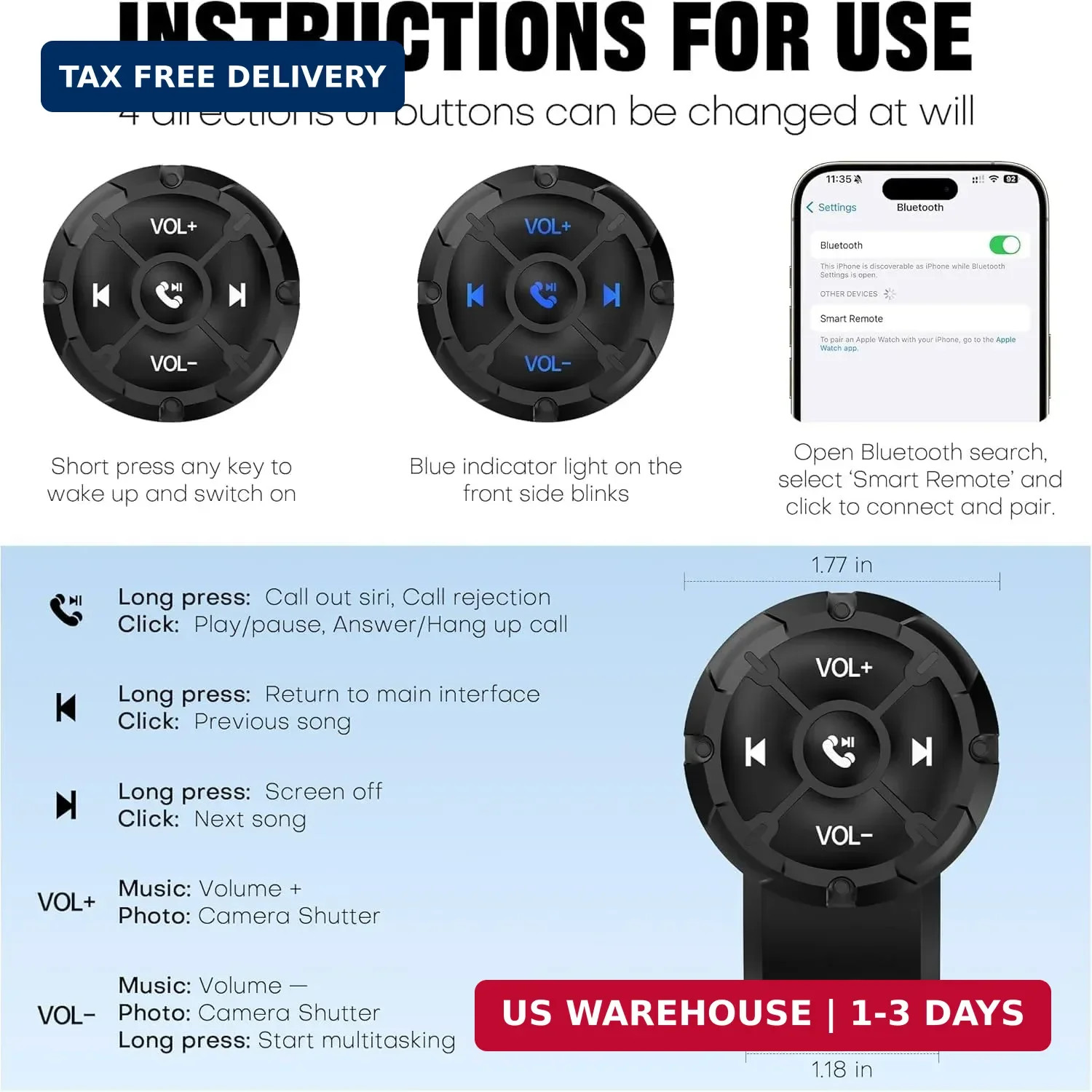 Bluetooth Media Button Remote Control,Adjustable Direction Waterproof Controller