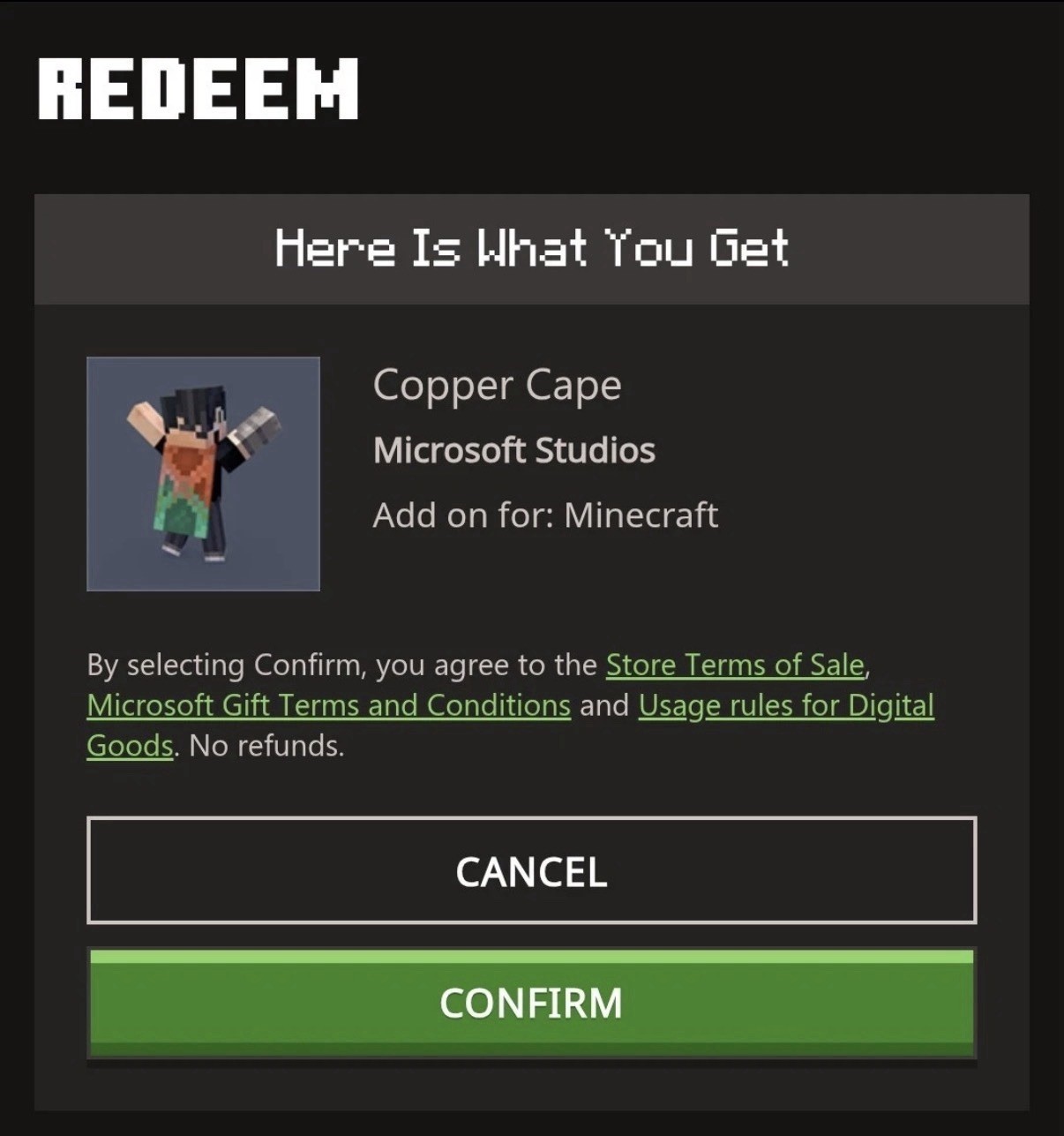 NEW Exclusive Minecraft Copper Digital Cape Code ⚡️FAST DELIVERY⚡️