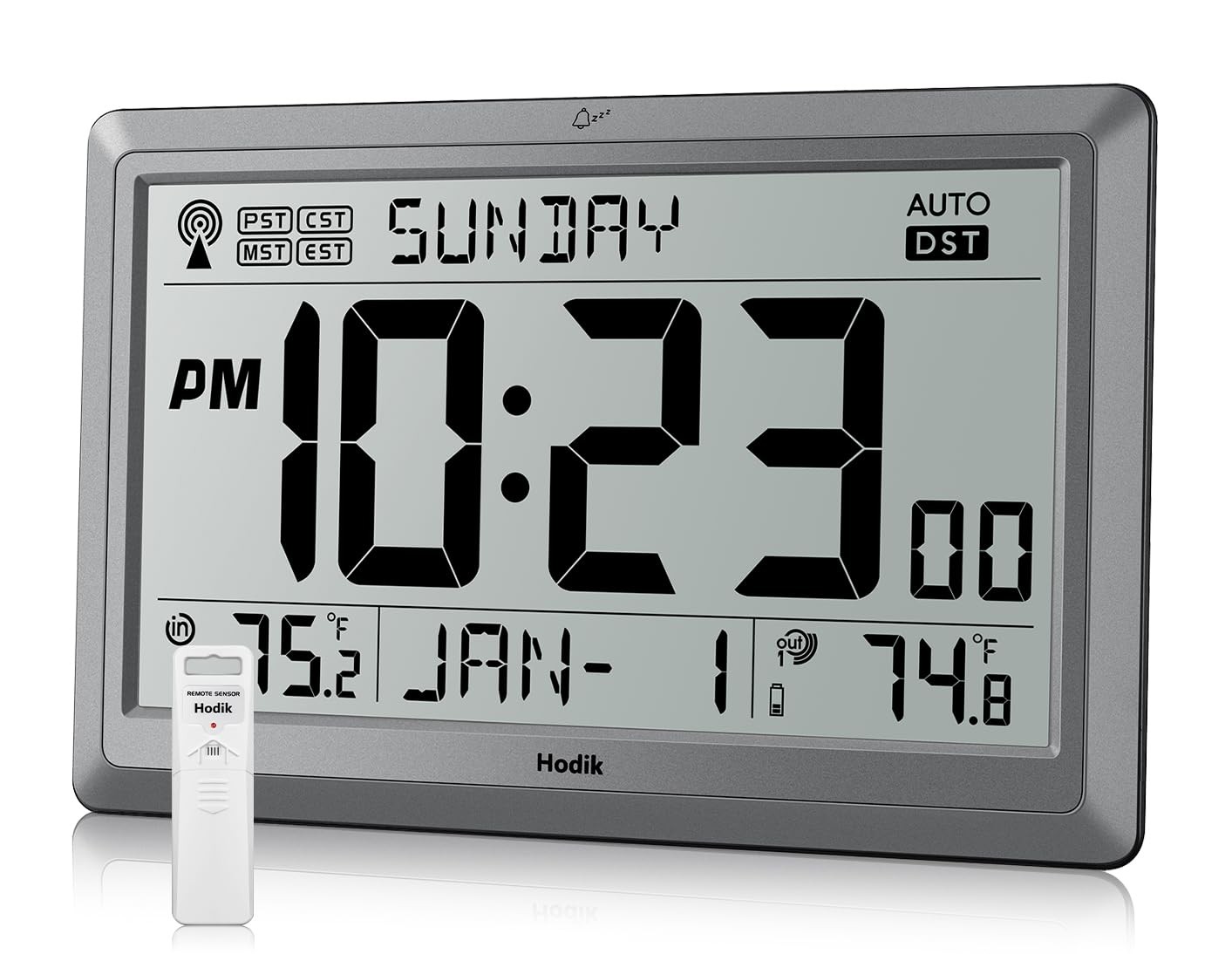 HODIK Wall Clock Atomic with Indoor Outdoor Temperature 9*5.9*1.1 in, Silver