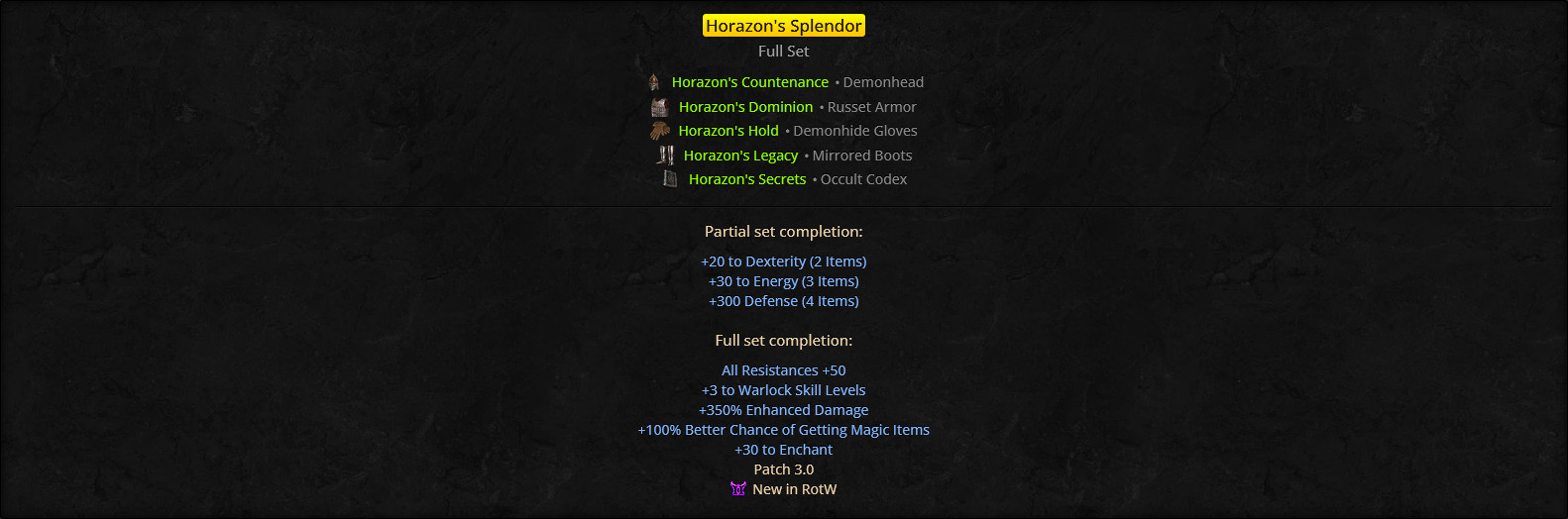 Horazon’s Splendor Set Warlock Diablo 2 Resurrected D2R ROTW PC Nonladder
