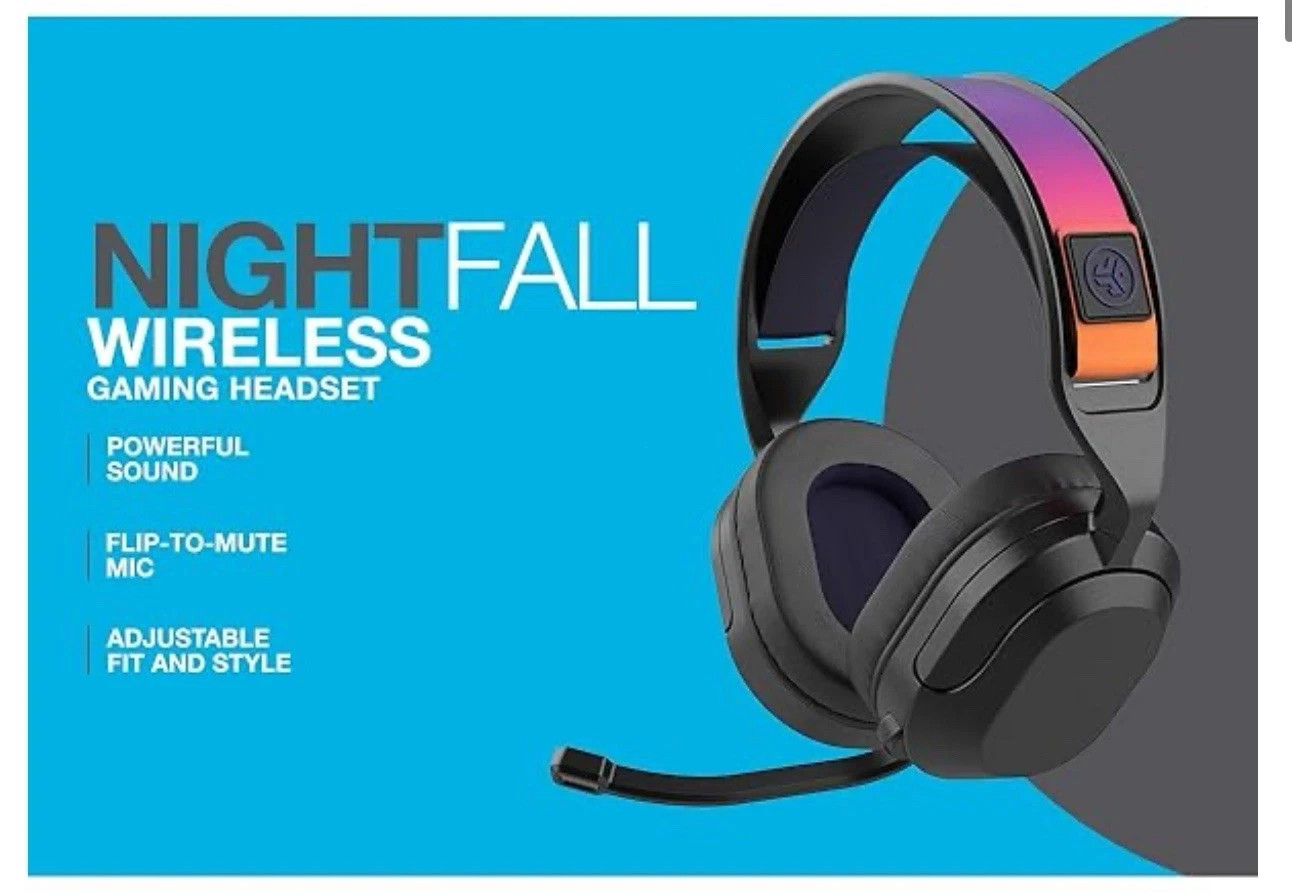 JLab Nightfall Wireless Gaming Headset All-Night Comfort Flip Mute Rotating Mic