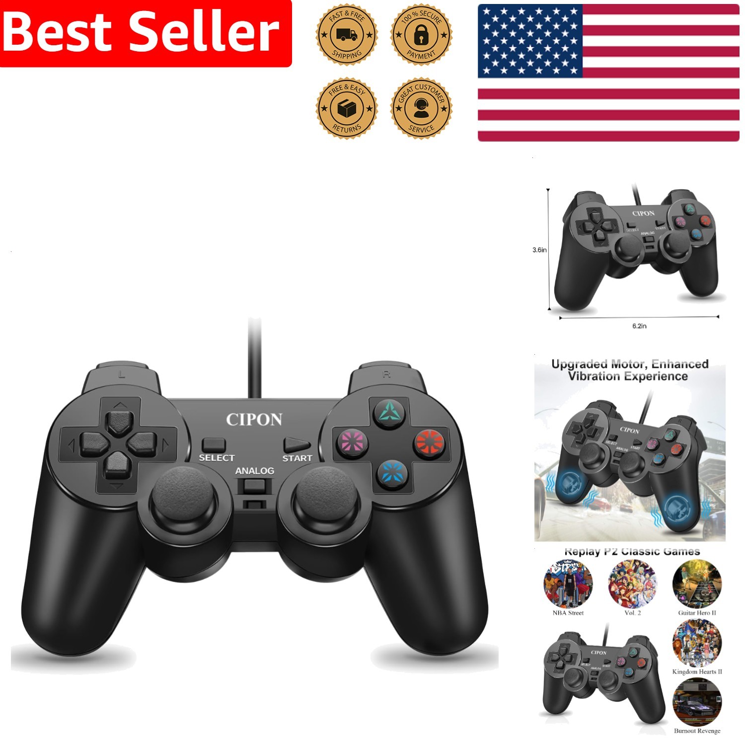PS2 Wired Controller Black Gamepad, Double Vibration, Ergonomic Grip, 71
