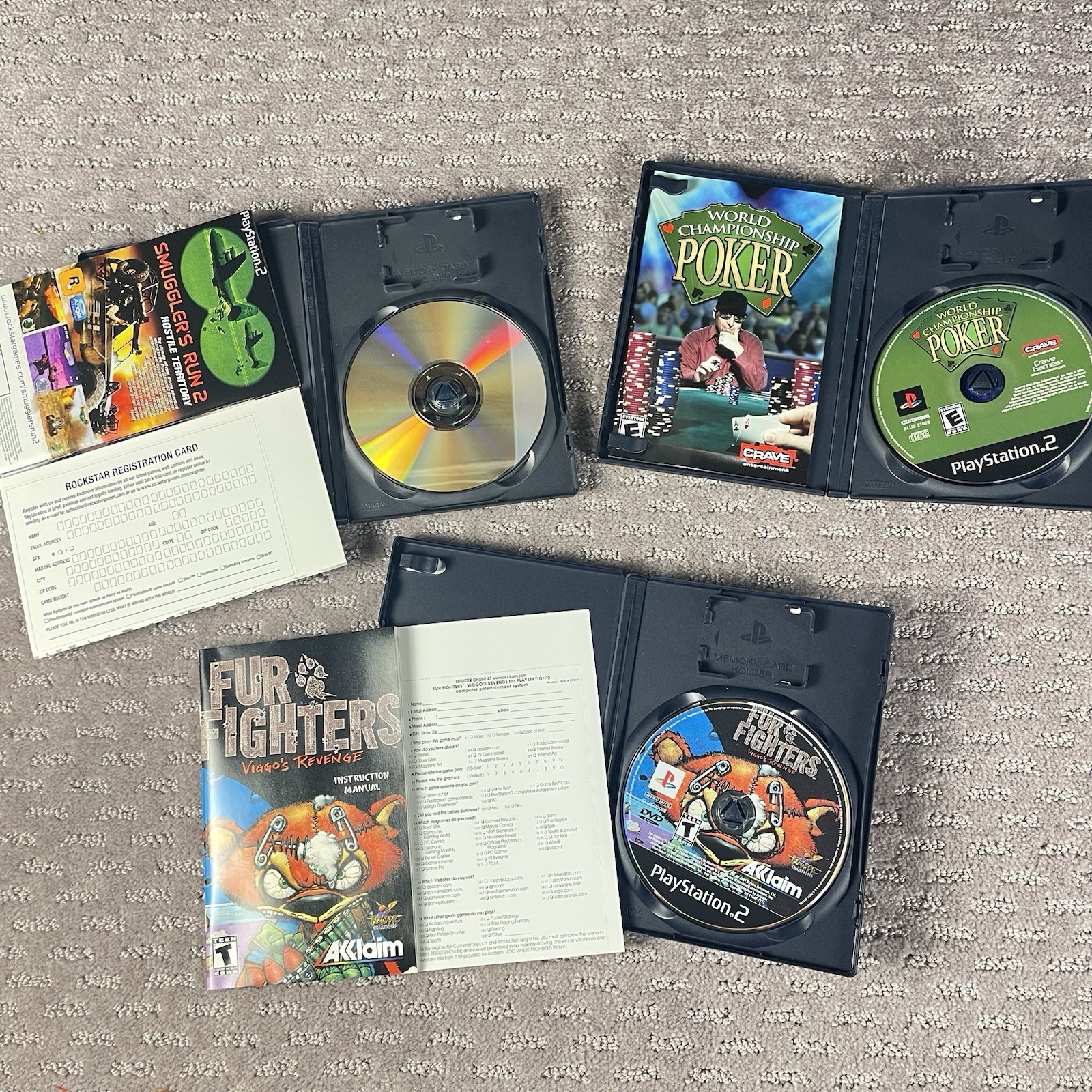 PS2 3 Games CIB Black Label w/ Reg Cards: Fur Fighters, State Emergency, Poker