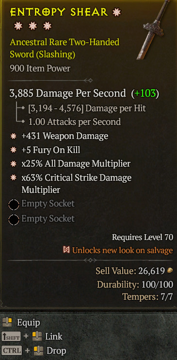 4GA Sword Weapon Damage Fury On Kill All Damage Critical Damage Diablo 4 S14