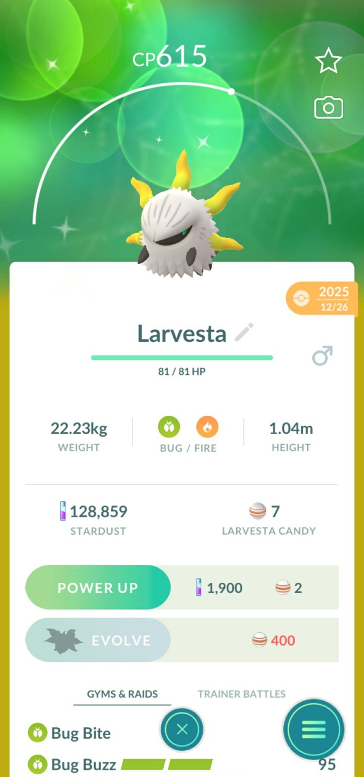 Shiny Larvesta – 20k dust or P T C