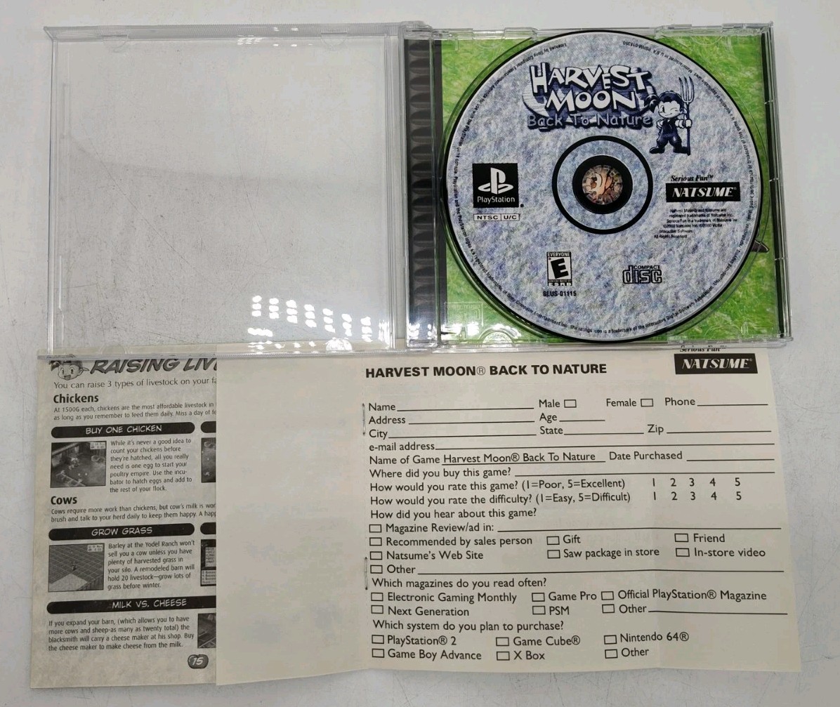 Harvest Moon: Back to Nature (PS1, 2000) *CIB w/ Reg Card + Case Protector* VGC