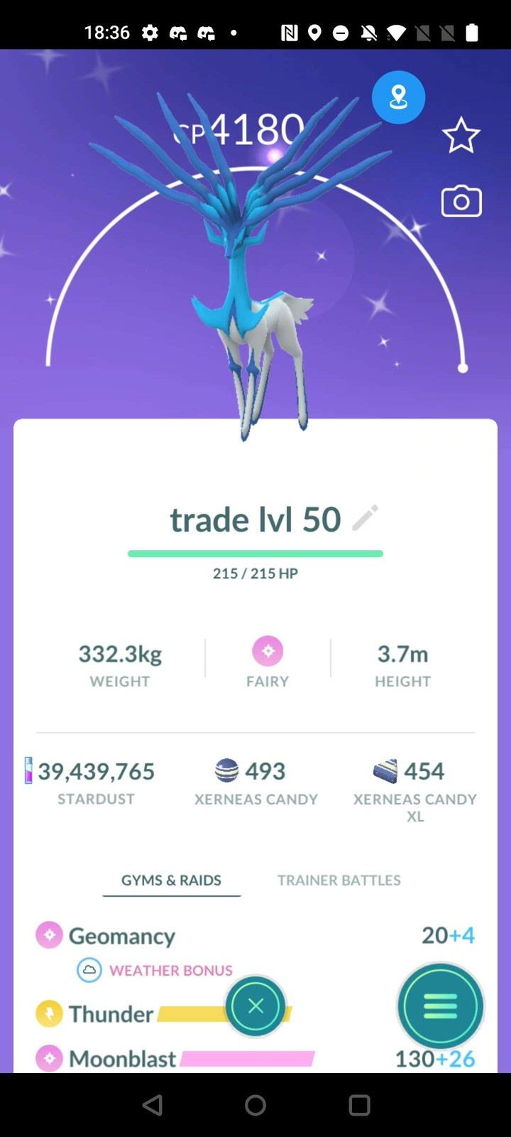 Pokémon Go Trade Shiny Xerneas Level 50 & 3 Moves – 1 mill dust trade