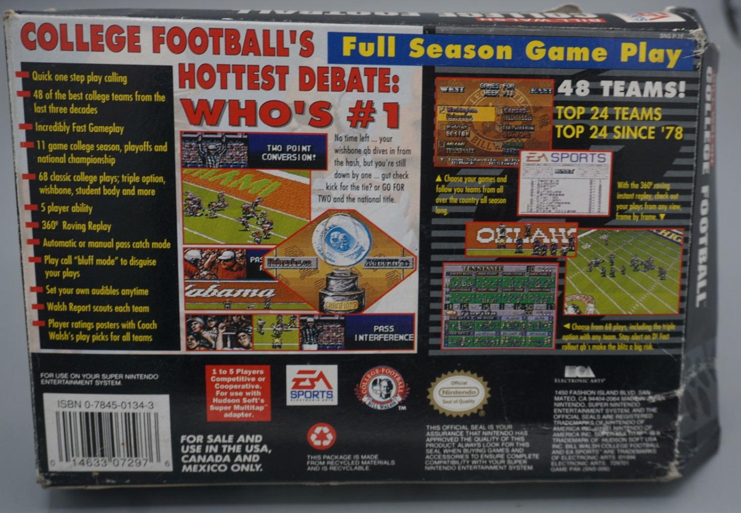 1991 Super Nintendo Bill Walsh College Football Game With Box And Manuals FShip