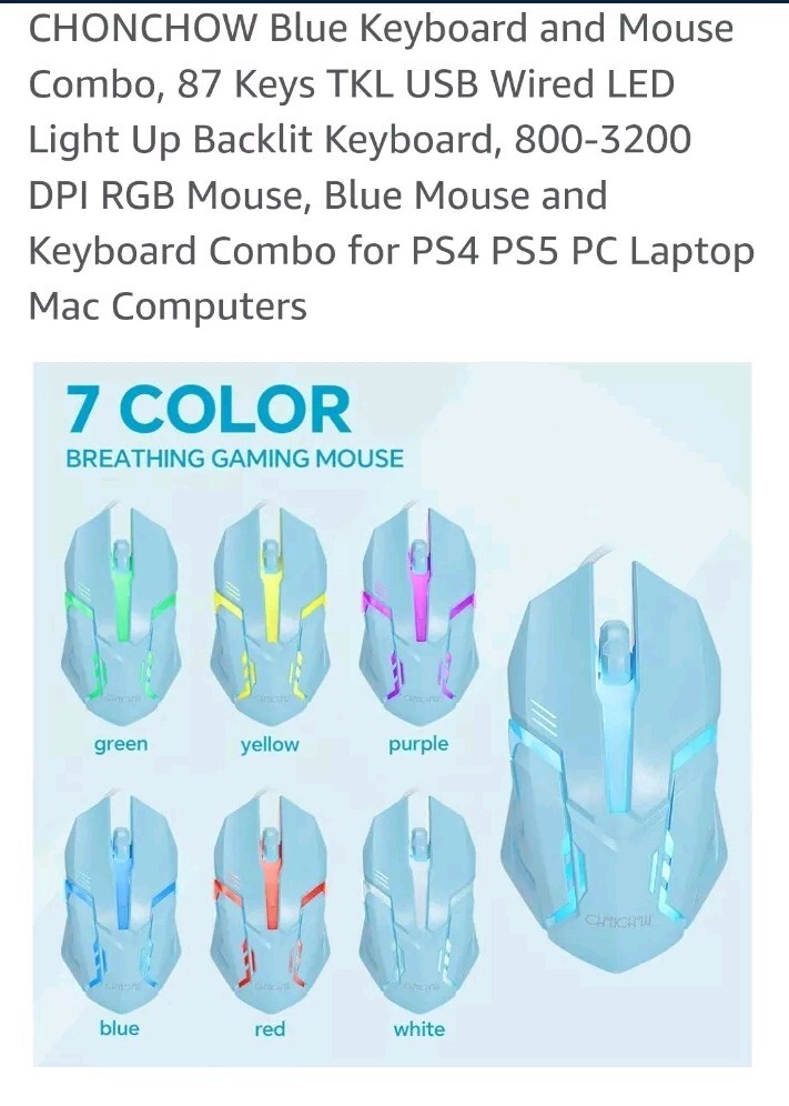 Blue Keyboard and Mouse Combo, 87 Keys TKL USB Wired LED Light Up Backlit Key…