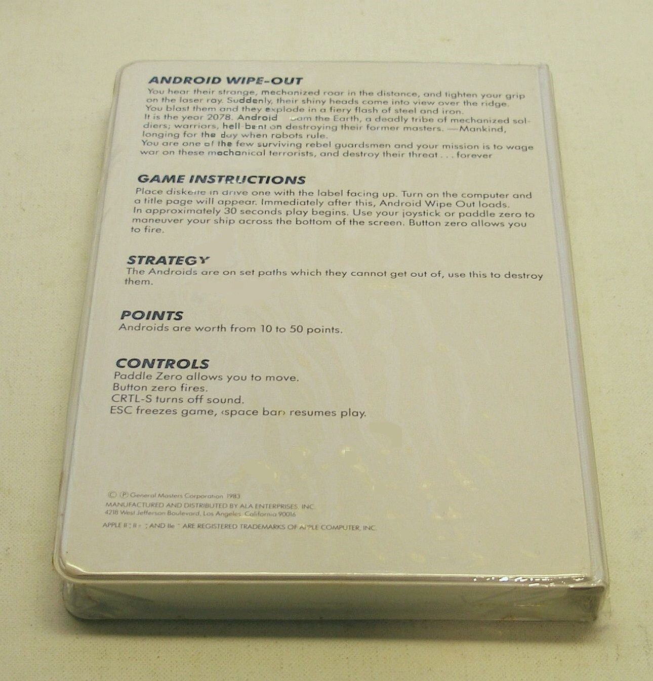 VERY RARE Android Wipe-Out by ALA Software for Apple II+, IIe, IIc, IIGS – NEW