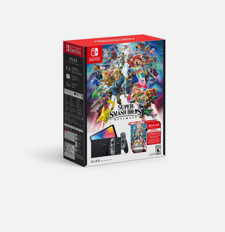 Nintendo Switch OLED Console Smash Bros Bundle W/ GAME Cartridge + 12mo Membersh