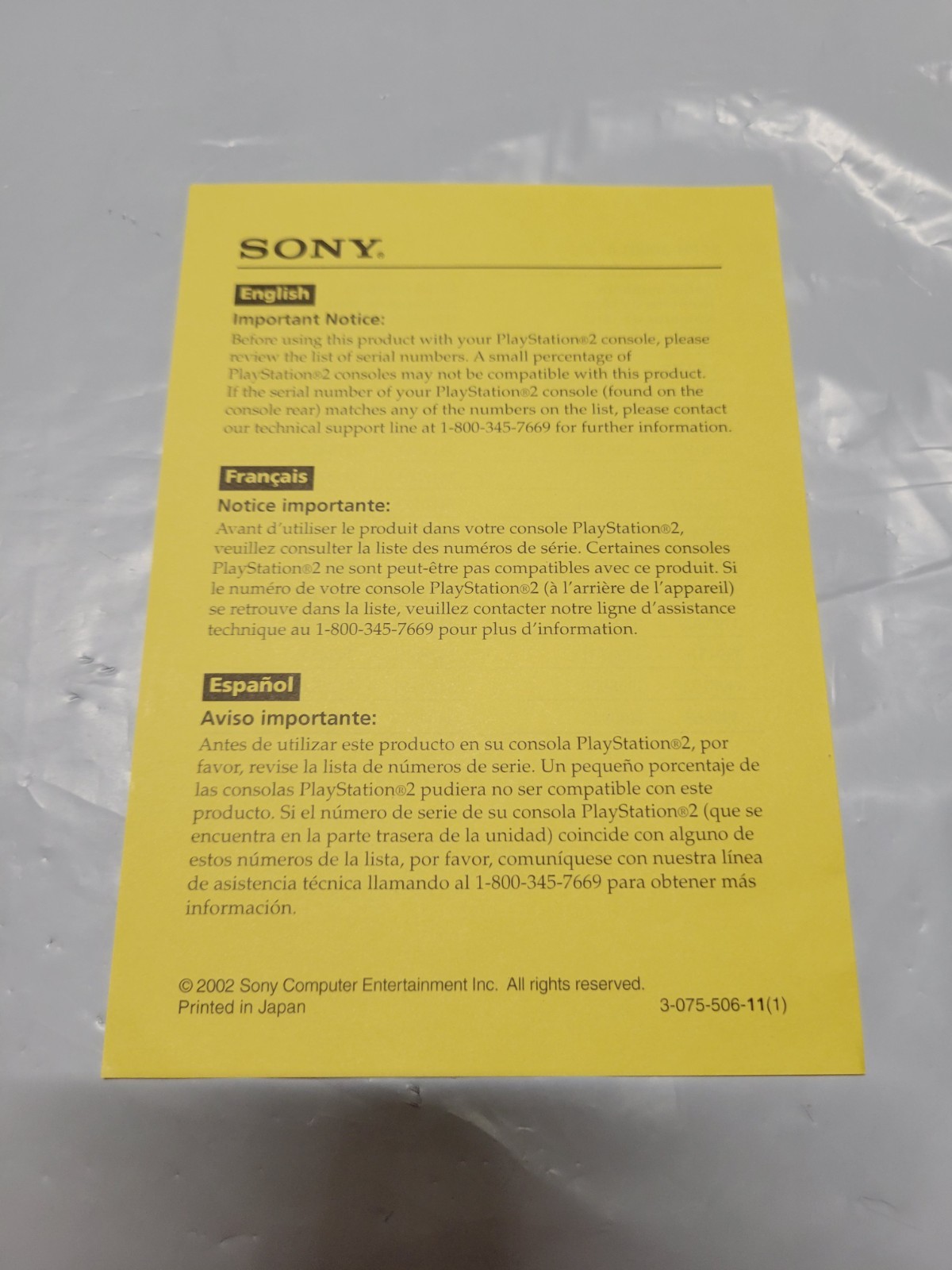 PS2 PlayStation 2 SCPH-70001/70012 Yellow System Console Insert
