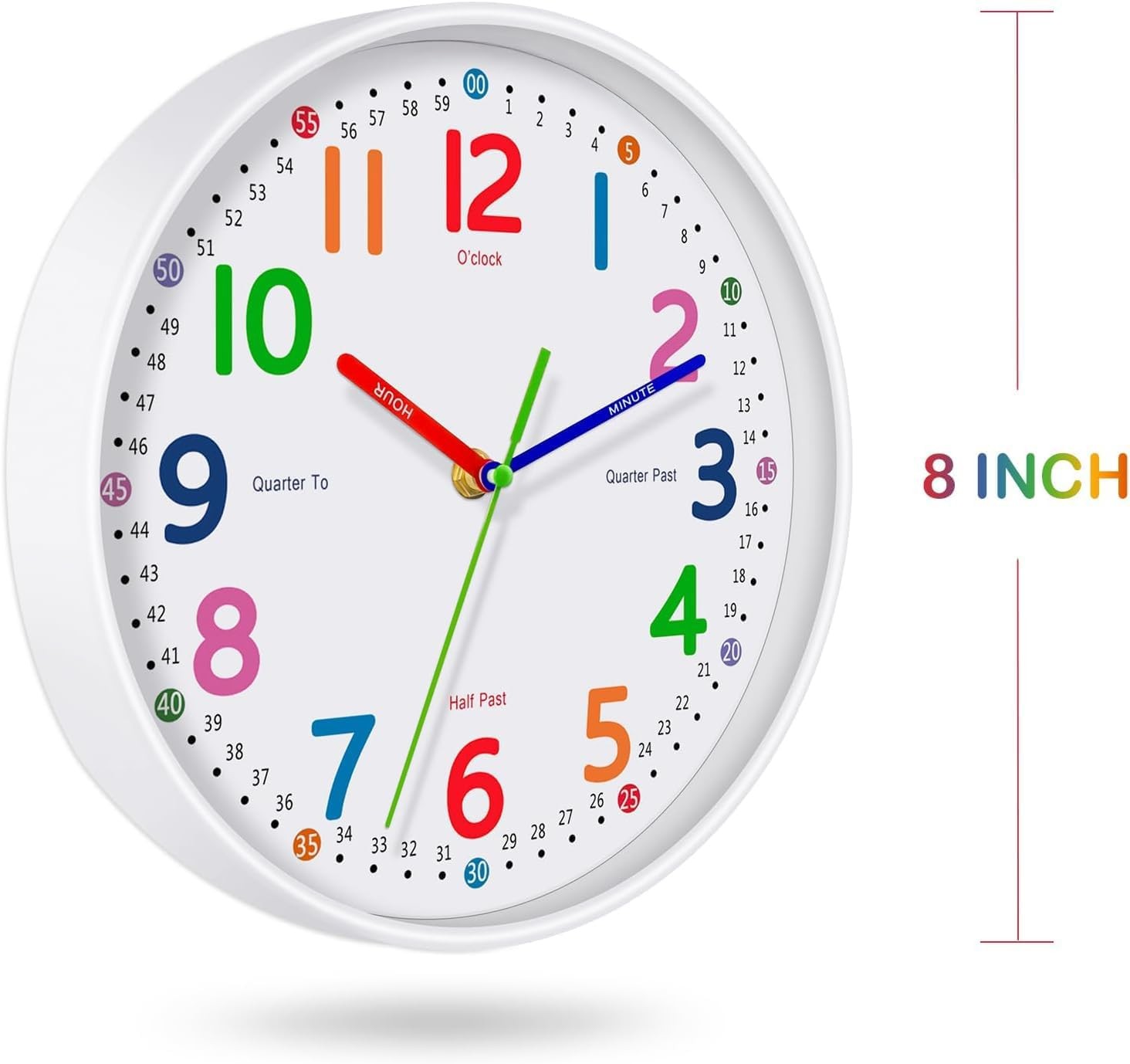Silent Kids Wall Clock – Non-Ticking, Battery-Powered, Ideal 8 Inch, White