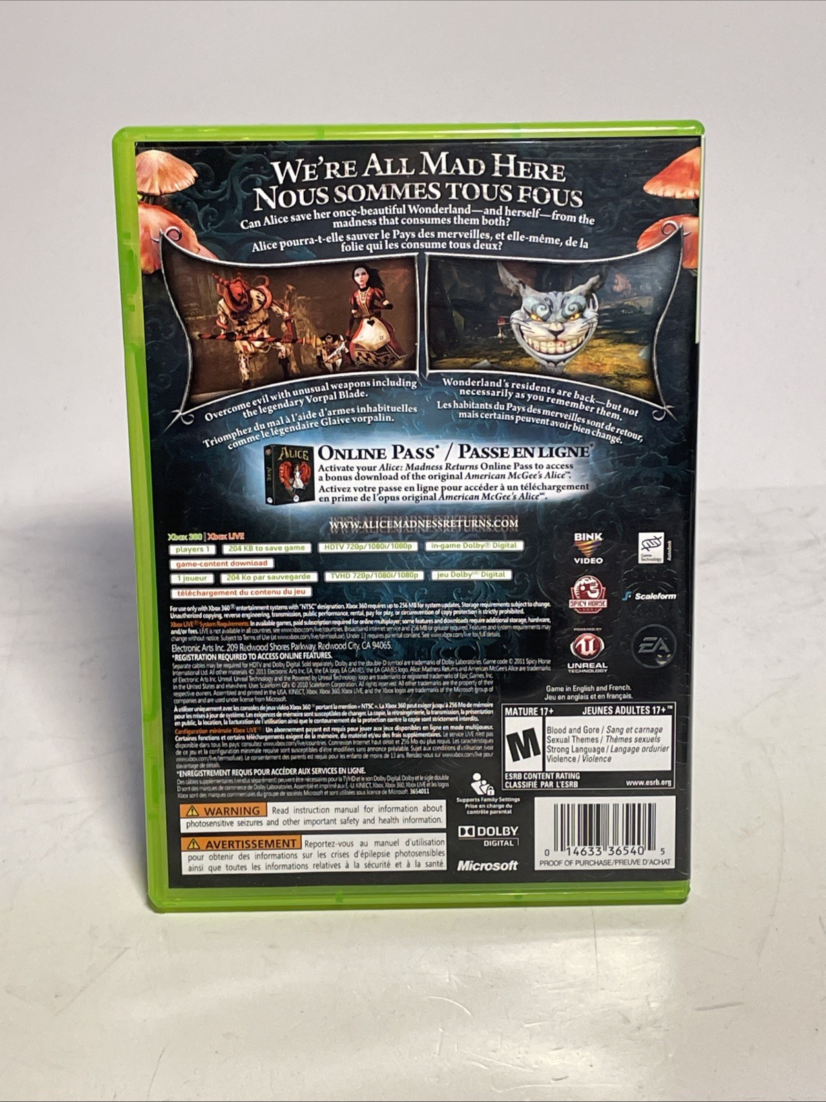 Alice Madness Returns (2011 Microsoft Xbox 360 EA w/ Inserts Read