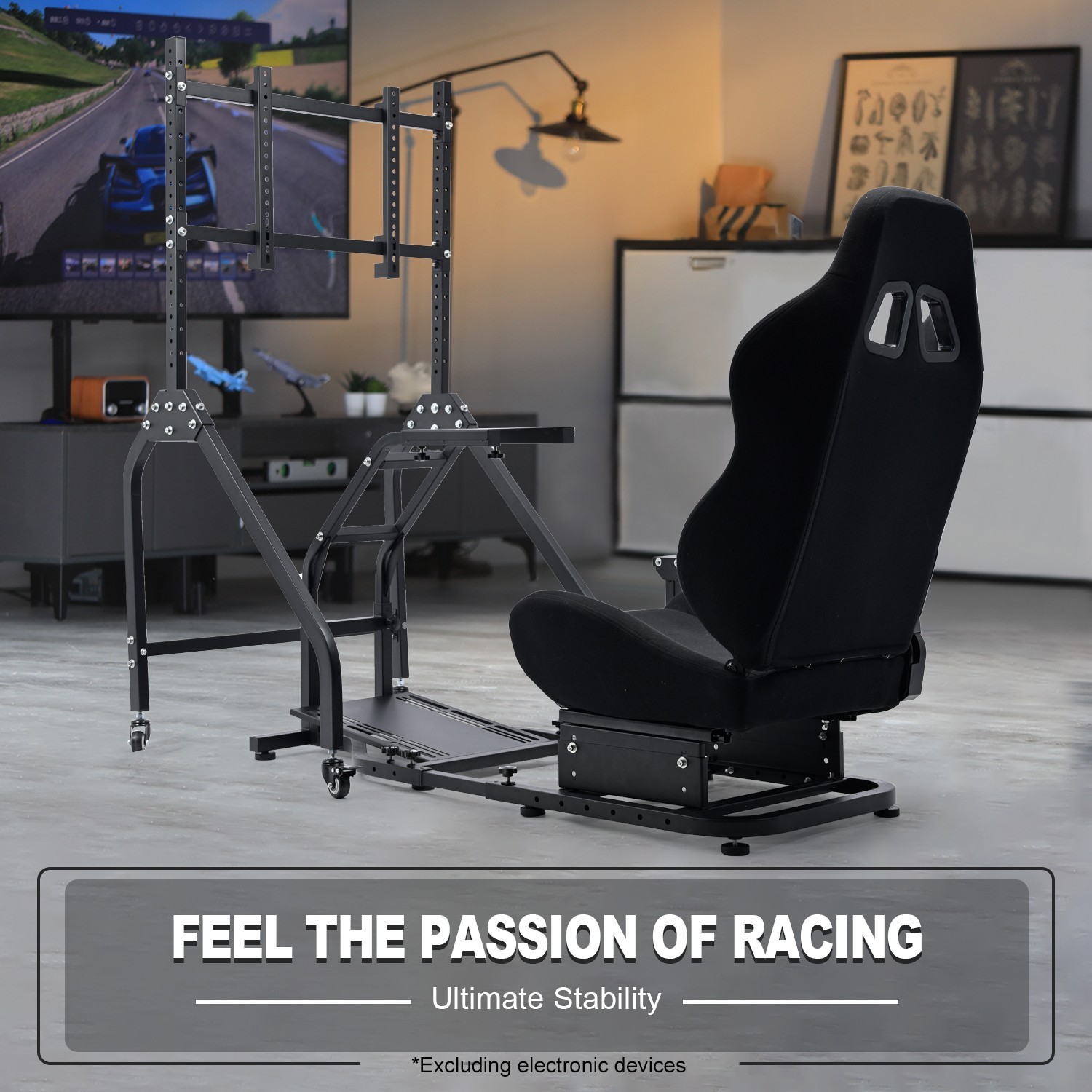 Marada Racing Simulator Cockpit With Black Seat And Monitor Stand For Logitech