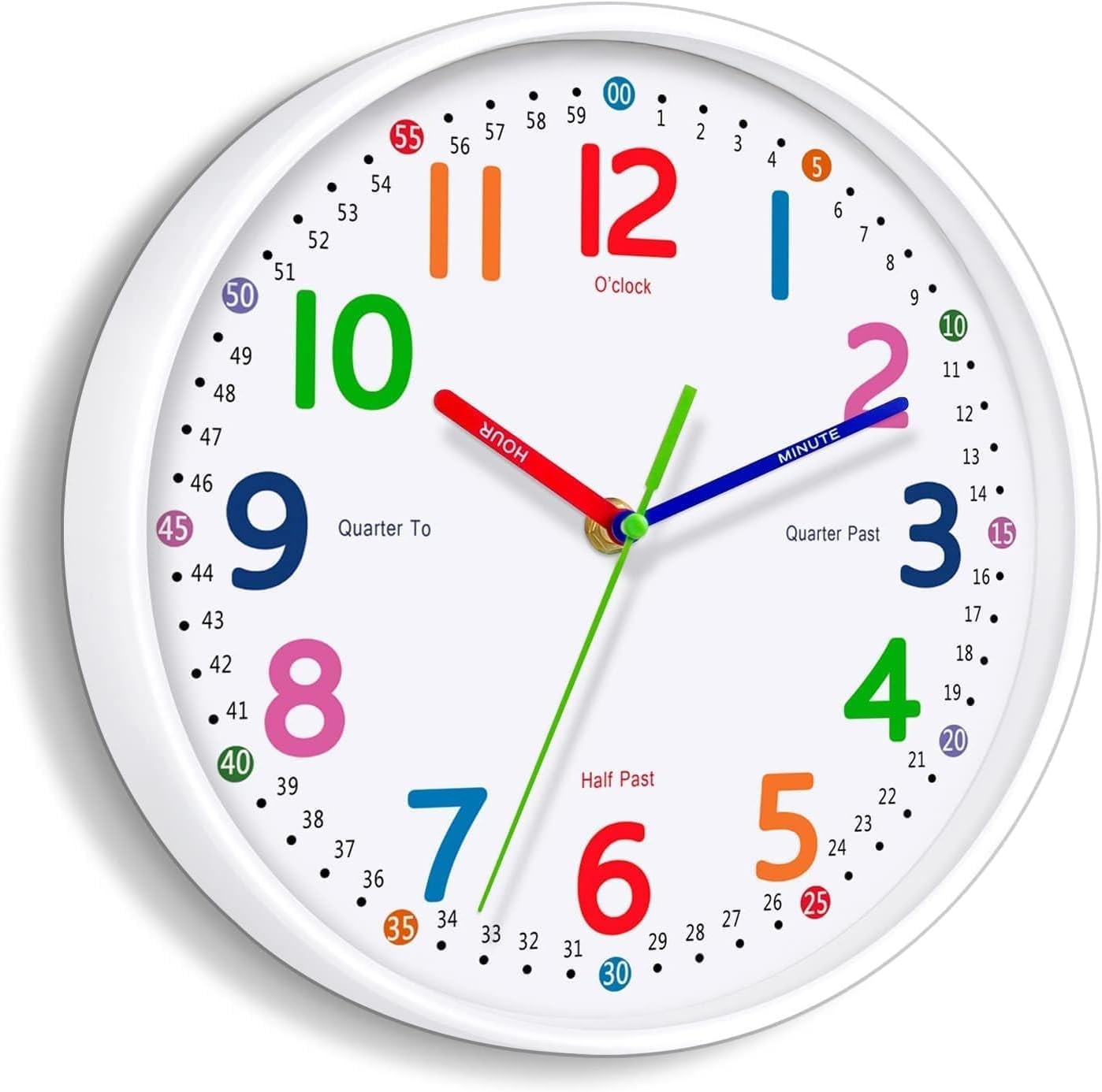 Silent Kids Wall Clock – Non-Ticking, Battery-Powered, Ideal 8 Inch, White